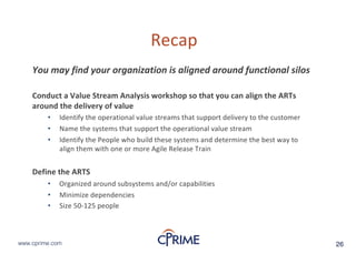 26www.cprime.com 26www.cprime.com
Recap
You"may"find"your"organization"is"aligned"around"functional"silos
Conduct&a&Value&Stream&Analysis&workshop&so&that&you&can&align&the&ARTs&
around&the&delivery&of&value
• Identify&the&operational&value&streams&that&support&delivery&to&the&customer
• Name&the&systems&that&support&the&operational&value&stream
• Identify&the&People&who&build&these&systems&and&determine&the&best&way&to&
align&them&with&one&or&more&Agile&Release&Train
Define&the&ARTS&
• Organized&around&subsystems&and/or&capabilities
• Minimize&dependencies
• Size&50J125&people
 