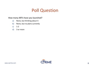 8www.cprime.com 8www.cprime.com
Poll&Question
How&many&ARTs&have&you&launched?
a) None,&but&thinking&about&it
b) None,&but&no&plans&currently
c) 1J2
d) 3&or&more
 