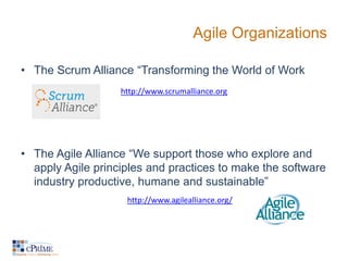 Agile Organizations
• The Scrum Alliance “Transforming the World of Work
• The Agile Alliance “We support those who explor...