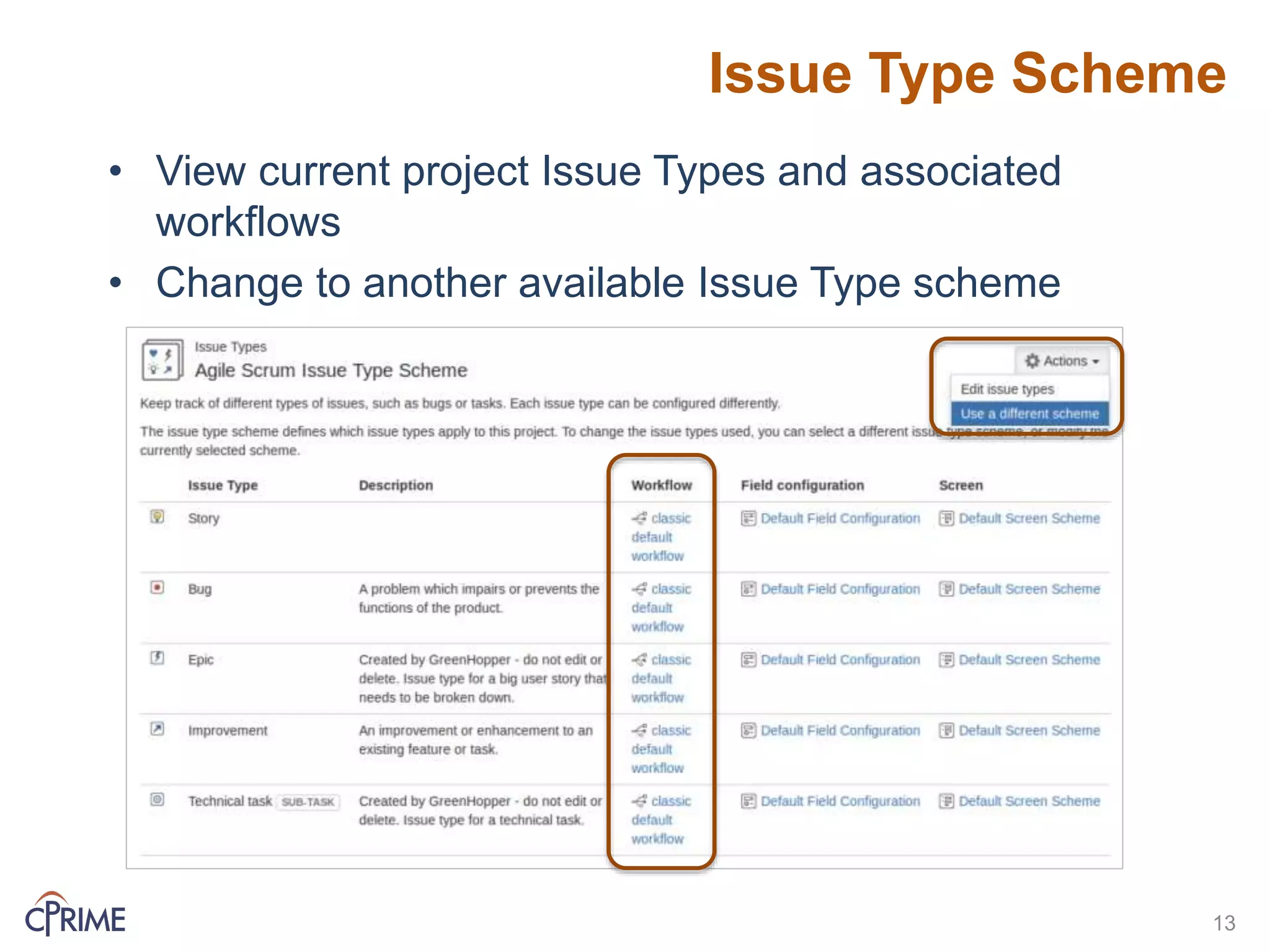 Issue Type Scheme
• View current project Issue Types and associated
workflows
• Change to another available Issue Type scheme
13
 