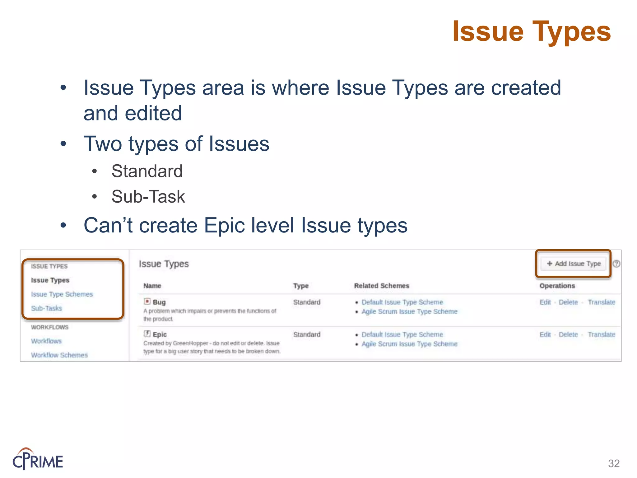 Issue Types
32
• Issue Types area is where Issue Types are created
and edited
• Two types of Issues
• Standard
• Sub-Task
• Can’t create Epic level Issue types
 