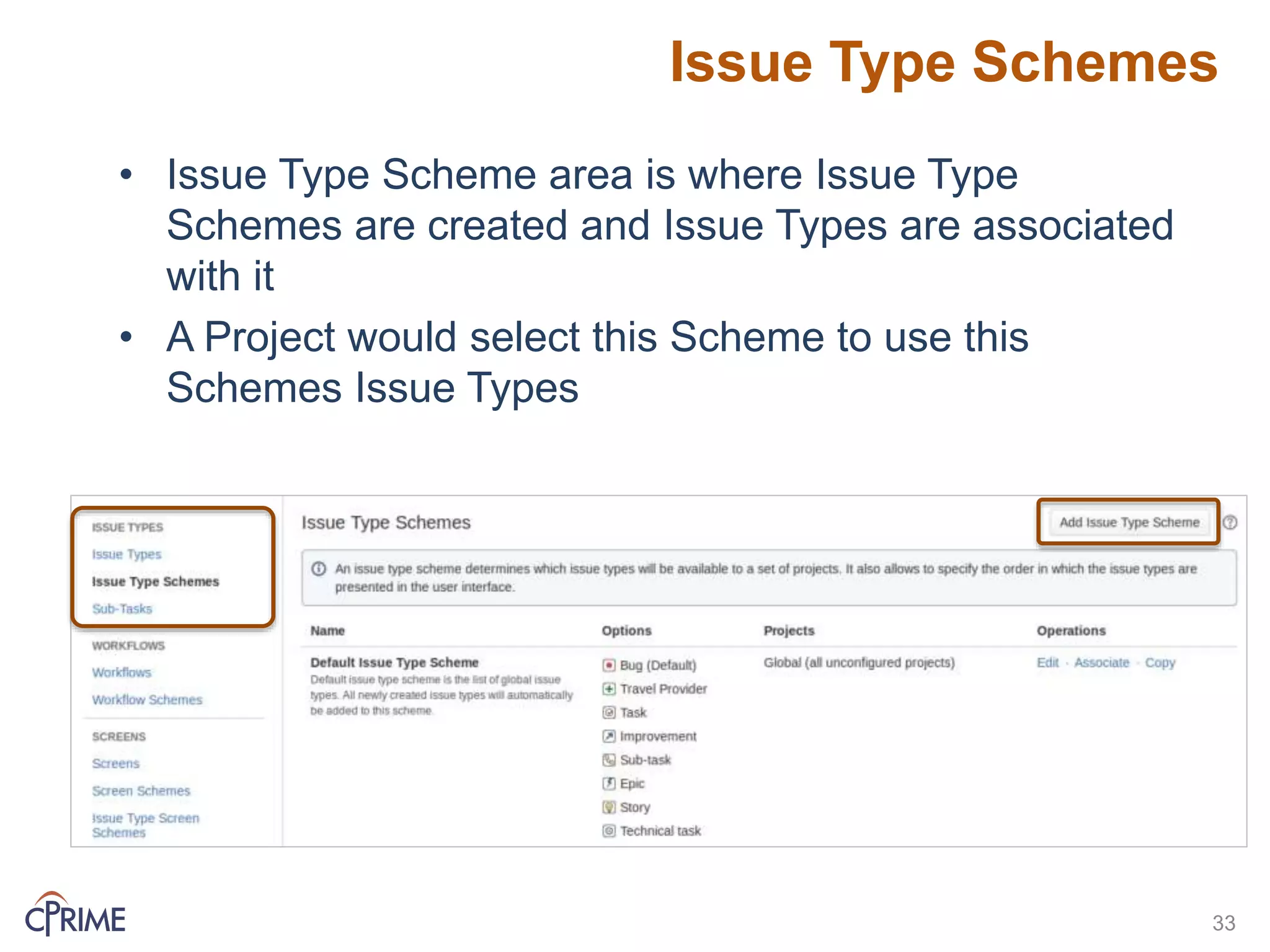 Issue Type Schemes
33
• Issue Type Scheme area is where Issue Type
Schemes are created and Issue Types are associated
with it
• A Project would select this Scheme to use this
Schemes Issue Types
 
