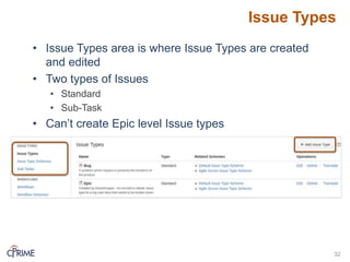 Issue Types
32
• Issue Types area is where Issue Types are created
and edited
• Two types of Issues
• Standard
• Sub-Task
• Can’t create Epic level Issue types
 