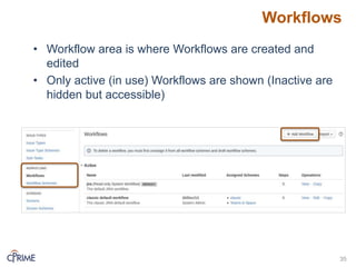 Workflows
35
• Workflow area is where Workflows are created and
edited
• Only active (in use) Workflows are shown (Inactive are
hidden but accessible)
 
