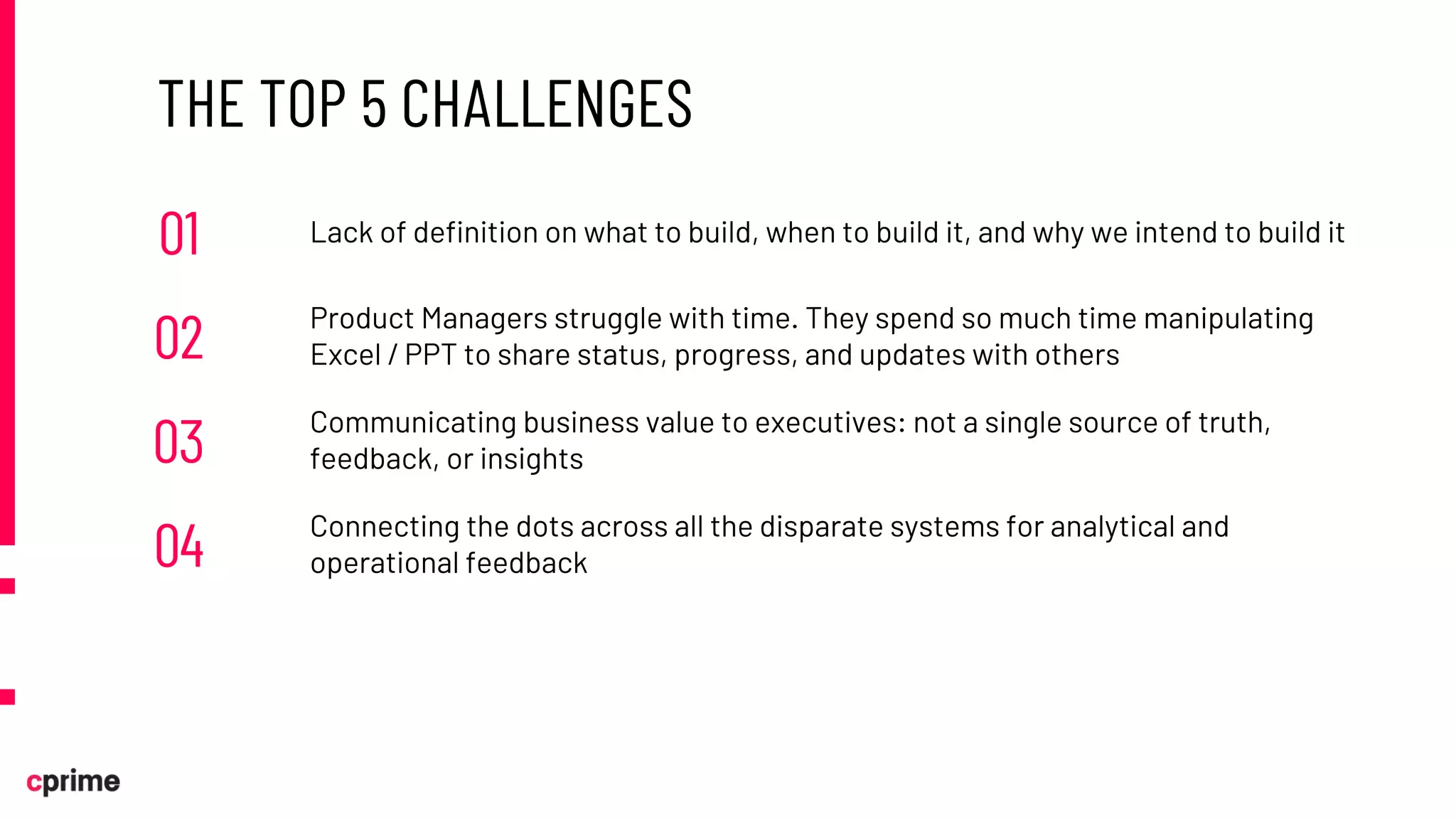 THE TOP 5 CHALLENGES
01 Lack of definition on what to build, when to build it, and why we intend to build it
02 Product Managers struggle with time. They spend so much time manipulating
Excel / PPT to share status, progress, and updates with others
03 Communicating business value to executives: not a single source of truth,
feedback, or insights
04 Connecting the dots across all the disparate systems for analytical and
operational feedback
 