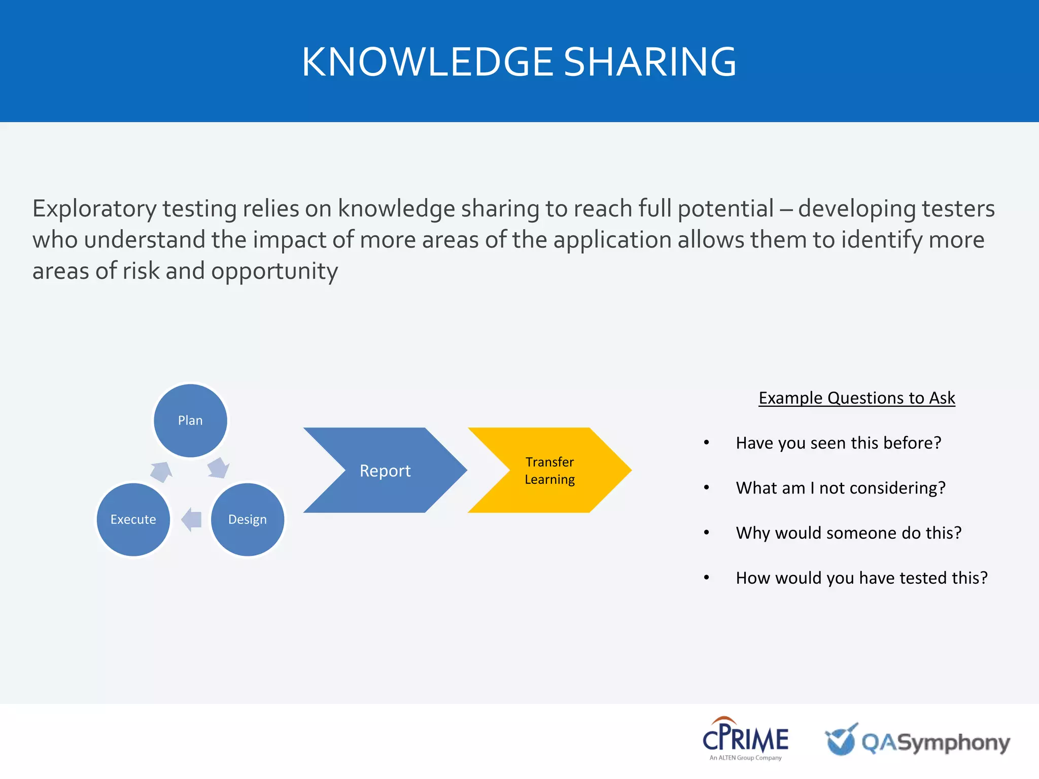 Exploratory testing relies on knowledge sharing to reach full potential – developing testers
who understand the impact of more areas of the application allows them to identify more
areas of risk and opportunity
KNOWLEDGE SHARING
Plan
DesignExecute
Report
Transfer
Learning
Example Questions to Ask
• Have you seen this before?
• What am I not considering?
• Why would someone do this?
• How would you have tested this?
 