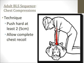 Adult BLS Sequence:
Chest Compressions
•Technique
•Push hard at
least 2 (5cm)
•Allow complete
chest recoil
 