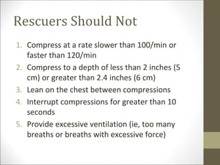 Rescuers Should Not
1. Compress at a rate slower than 100/min or
faster than 120/min
2. Compress to a depth of less than 2 inches (5
cm) or greater than 2.4 inches (6 cm)
3. Lean on the chest between compressions
4. Interrupt compressions for greater than 10
seconds
5. Provide excessive ventilation (ie, too many
breaths or breaths with excessive force)
 