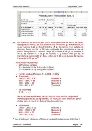 Investigación Operativa I Programación Lineal
Oswaldo Paul Rivadeneira Página: 100
48. Un fabricante de alimento para pollos desea determinar la mezcla de menor
costo para una fórmula de altas proteínas que contiene 90 gr. de nutriente A, 48
gr. de nutriente B, 20 gr. de nutriente C y 1.5 gr. de vitamina X por cada kg. de
alimento. Puede mezclar la fórmula empleando dos ingredientes y otro de
relleno. El ingrediente 1 contiene 100 gr. de nutriente A, 80 gr. de nutriente B,
40 gr. de nutriente C y 10 gr. de vitamina X; y cuesta $0.40 por Kg. El
ingrediente 2 contiene 200 gr. de A, 150 gr. de B, 20 gr. de C, nada de vitamina
X y cuesta $0.60 por kg.46
Formulación del problema:
 Definición de variables
X1 = Cantidad de Kg. de ingrediente Tipo 1
X2 = Cantidad de Kg. de ingrediente Tipo 2
 Función objetivo: Minimizar Z = 0.40X1 + 0.60X2
 Restricciones
100X1 + 200X2 = 90 Nutriente A
80X1 + 150X2 = 48 Nutriente B
40X1 + 20X2 = 20 Nutriente C
10X1 + 0X2 = 1.5 Vitamina X
 No negatividad
Xi ≥0 ; i = 1, 2
Son ecuaciones redundantes, para su solución se asume que cumplirán al
menos los pedidos de los ingredientes, sus resultados serán analizados por un
dietista para no incurrir en daños a los pollos, entonces:
 Restricciones
100X1 + 200X2 ≥ 90 Nutriente A
80X1 + 150X2 ≥ 48 Nutriente B
40X1 + 20X2 ≥ 20 Nutriente C
10X1 + 0X2 ≥ 1.5 Vitamina X
46
Hans G. Daellenbach. Introducción a Técnicas de Investigación de Operaciones. CECSA. Pag. 90
 
