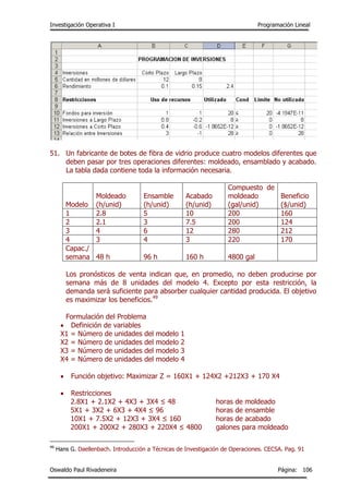 Investigación Operativa I Programación Lineal
Oswaldo Paul Rivadeneira Página: 106
51. Un fabricante de botes de fibra de vidrio produce cuatro modelos diferentes que
deben pasar por tres operaciones diferentes: moldeado, ensamblado y acabado.
La tabla dada contiene toda la información necesaria.
Modelo
Moldeado
(h/unid)
Ensamble
(h/unid)
Acabado
(h/unid)
Compuesto de
moldeado
(gal/unid)
Beneficio
($/unid)
1 2.8 5 10 200 160
2 2.1 3 7.5 200 124
3 4 6 12 280 212
4 3 4 3 220 170
Capac./
semana 48 h 96 h 160 h 4800 gal
Los pronósticos de venta indican que, en promedio, no deben producirse por
semana más de 8 unidades del modelo 4. Excepto por esta restricción, la
demanda será suficiente para absorber cualquier cantidad producida. El objetivo
es maximizar los beneficios.49
Formulación del Problema
 Definición de variables
X1 = Número de unidades del modelo 1
X2 = Número de unidades del modelo 2
X3 = Número de unidades del modelo 3
X4 = Número de unidades del modelo 4
 Función objetivo: Maximizar Z = 160X1 + 124X2 +212X3 + 170 X4
 Restricciones
2.8X1 + 2.1X2 + 4X3 + 3X4 ≤ 48 horas de moldeado
5X1 + 3X2 + 6X3 + 4X4 ≤ 96 horas de ensamble
10X1 + 7.5X2 + 12X3 + 3X4 ≤ 160 horas de acabado
200X1 + 200X2 + 280X3 + 220X4 ≤ 4800 galones para moldeado
49
Hans G. Daellenbach. Introducción a Técnicas de Investigación de Operaciones. CECSA. Pag. 91
 
