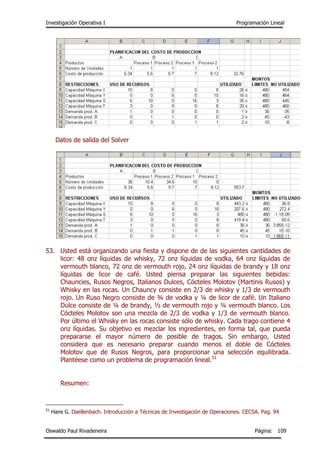 Investigación Operativa I Programación Lineal
Oswaldo Paul Rivadeneira Página: 109
Datos de salida del Solver
53. Usted está organizando una fiesta y dispone de de las siguientes cantidades de
licor: 48 onz líquidas de whisky, 72 onz líquidas de vodka, 64 onz líquidas de
vermouth blanco, 72 onz de vermouth rojo, 24 onz líquidas de brandy y 18 onz
líquidas de licor de café. Usted piensa preparar las siguientes bebidas:
Chauncies, Rusos Negros, Italianos Dulces, Cócteles Molotov (Martinis Rusos) y
Whisky en las rocas. Un Chauncy consiste en 2/3 de whisky y 1/3 de vermouth
rojo. Un Ruso Negro consiste de ¾ de vodka y ¼ de licor de café. Un Italiano
Dulce consiste de ¼ de brandy, ½ de vermouth rojo y ¼ vermouth blanco. Los
Cócteles Molotov son una mezcla de 2/3 de vodka y 1/3 de vermouth blanco.
Por último el Whisky en las rocas consiste sólo de whisky. Cada trago contiene 4
onz líquidas. Su objetivo es mezclar los ingredientes, en forma tal, que pueda
prepararse el mayor número de posible de tragos. Sin embargo, Usted
considera que es necesario preparar cuando menos el doble de Cócteles
Molotov que de Rusos Negros, para proporcionar una selección equilibrada.
Plantéese como un problema de programación lineal.51
Resumen:
51
Hans G. Daellenbach. Introducción a Técnicas de Investigación de Operaciones. CECSA. Pag. 94
 