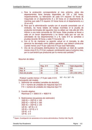 Investigación Operativa I Programación Lineal
Oswaldo Paul Rivadeneira Página: 112
c. Para la producción correspondiente al mes próximo, estos dos
departamentos tiene tiempos disponibles de 150 y 160 horas,
respectivamente. La fabricación de cada E-9 requiere 10 horas de
maquinado en el departamento A y 20 horas en el departamento B,
mientras que cada F-9 requiere 15 horas horas en el departamento a y
10 en el B.
d. Para que la administración cumpla con el acuerdo concertado con el
sindicato, las horas totales de trabajo invertidas el la prueba de
productos terminados del siguiente mes no deben ser más allá del 10%
inferior a una meta convenida de 150 horas. Estas pruebas se llevan a
cabo en un tercer departamento y no tienen nada que ver con las
actividades de los departamentos A y B. Cada E-9 es sometida a
pruebas durante 30 horas y cada F-9 durante 10.
e. Con el fin de mantener su posición actual en el mercado, la alta
gerencia ha decretado como política operativa: que deberá construirse
cuando menos una F-9 por cada tres E-9 que sean fabricadas.
f. Uno de los principales distribuidores ha ordenado un total de cuando
menos cinco E-9 y F-9 (en cualquier combinación) para el próximo mes,
por lo cual tendrá que producirse por lo menos esa cantidad.52
Resumen de datos:
HORAS
Maq. E-9 Maq. F-9 Total disponible
Dep. A 10 15 150
Dep. B 20 10 160
Hora de prueba 30 10 135 (150-10%)
Producir cuando menos 1 F-9 por cada 3 E-9:
Formulación del modelo
1. Definición de variables (variables de decisión)
E-9 = número de unidades de maquinas tipo E-9
F-9 = número de unidades de máquinas tipo F-9
2. Función objetivo
Maximizar Z = 5000 E-9 + 4000 F-9
3. Restricciones (ecuaciones de restricción)
10(E-9) + 15(F-9) ≤ 150
20(E-9) + 10(F-9) ≤ 160
30(E-9) + 10(F-9) ≥ 135
1(E-9) - 3(F-9) ≤ 0
1(E-9) + 1(F-9) ≥ 5
1(E-9) ≥ 0
1(F-9) ≥ 0
52
Eppen. Investigación de opresiones en la ciencia administrativa. Prentice Hall. Pag 69
)9(3)9(1  FE
 