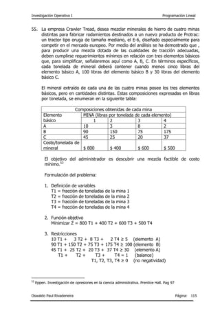 Investigación Operativa I Programación Lineal
Oswaldo Paul Rivadeneira Página: 115
55. La empresa Crawler Tread, desea mezclar minerales de hierro de cuatro minas
distintas para fabricar rodamientos destinados a un nuevo producto de Protrac:
un tractor tipo oruga de tamaño mediano, el E-6, diseñado especialmente para
competir en el mercado europeo. Por medio del análisis se ha demostrado que ,
para producir una mezcla dotada de las cualidades de tracción adecuadas,
deben cumplirse requerimientos mínimos en relación con tres elementos básicos
que, para simplificar, señalaremos aquí como A, B, C. En términos específicos,
cada tonelada de mineral deberá contener cuando menos cinco libras del
elemento básico A, 100 libras del elemento básico B y 30 libras del elemento
básico C.
El mineral extraído de cada una de las cuatro minas posee los tres elementos
básicos, pero en cantidades distintas. Estas composiciones expresadas en libras
por tonelada, se enumeran en la siguiente tabla:
Composiciones obtenidas de cada mina
Elemento
básico
MINA (libras por tonelada de cada elemento)
1 2 3 4
A 10 3 8 2
B 90 150 75 175
C 45 25 20 37
Costo/tonelada de
mineral $ 800 $ 400 $ 600 $ 500
El objetivo del administrador es descubrir una mezcla factible de costo
mínimo.53
Formulación del problema:
1. Definición de variables
T1 = fracción de toneladas de la mina 1
T2 = fracción de toneladas de la mina 2
T3 = fracción de toneladas de la mina 3
T4 = fracción de toneladas de la mina 4
2. Función objetivo
Minimizar Z = 800 T1 + 400 T2 + 600 T3 + 500 T4
3. Restricciones
10 T1 + 3 T2 + 8 T3 + 2 T4 ≥ 5 (elemento A)
90 T1 + 150 T2 + 75 T3 + 175 T4 ≥ 100 (elemento B)
45 T1 + 25 T2 + 20 T3 + 37 T4 ≥ 30 (elemento A)
T1 + T2 + T3 + T4 = 1 (balance)
T1, T2, T3, T4 ≥ 0 (no negatividad)
53
Eppen. Investigación de opresiones en la ciencia administrativa. Prentice Hall. Pag 97
 
