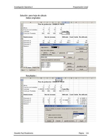 Investigación Operativa I Programación Lineal
Oswaldo Paul Rivadeneira Página: 116
Solución: para hoja de cálculo
Datos originales:
Resultados :
 