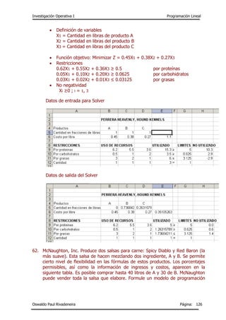 Investigación Operativa I Programación Lineal
Oswaldo Paul Rivadeneira Página: 126
 Definición de variables
X1 = Cantidad en libras de producto A
X2 = Cantidad en libras del producto B
X3 = Cantidad en libras del producto C
 Función objetivo: Minimizar Z = 0.45X1 + 0.38X2 + 0.27X3
 Restricciones
0.62X1 + 0.55X2 + 0.36X3 ≥ 0.5 por proteínas
0.05X1 + 0.10X2 + 0.20X3 ≥ 0.0625 por carbohidratos
0.03X1 + 0.02X2 + 0.01X3 ≤ 0.03125 por grasas
 No negatividad
Xi ≥0 ; i = 1, 3
Datos de entrada para Solver
Datos de salida del Solver
62. McNaughton, Inc. Produce dos salsas para carne: Spicy Diablo y Red Baron (la
más suave). Esta salsa de hacen mezclando dos ingrediente, A y B. Se permite
cierto nivel de flexibilidad en las fórmulas de estos productos. Los porcentajes
permisibles, así como la información de ingresos y costos, aparecen en la
siguiente tabla. Es posible comprar hasta 40 litros de A y 30 de B. McNaughton
puede vender toda la salsa que elabore. Formule un modelo de programación
 