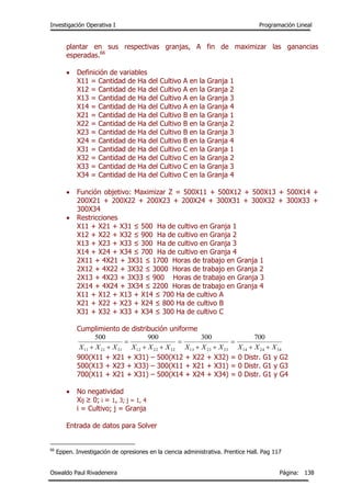 Investigación Operativa I Programación Lineal
Oswaldo Paul Rivadeneira Página: 138
plantar en sus respectivas granjas, A fin de maximizar las ganancias
esperadas.66
 Definición de variables
X11 = Cantidad de Ha del Cultivo A en la Granja 1
X12 = Cantidad de Ha del Cultivo A en la Granja 2
X13 = Cantidad de Ha del Cultivo A en la Granja 3
X14 = Cantidad de Ha del Cultivo A en la Granja 4
X21 = Cantidad de Ha del Cultivo B en la Granja 1
X22 = Cantidad de Ha del Cultivo B en la Granja 2
X23 = Cantidad de Ha del Cultivo B en la Granja 3
X24 = Cantidad de Ha del Cultivo B en la Granja 4
X31 = Cantidad de Ha del Cultivo C en la Granja 1
X32 = Cantidad de Ha del Cultivo C en la Granja 2
X33 = Cantidad de Ha del Cultivo C en la Granja 3
X34 = Cantidad de Ha del Cultivo C en la Granja 4
 Función objetivo: Maximizar Z = 500X11 + 500X12 + 500X13 + 500X14 +
200X21 + 200X22 + 200X23 + 200X24 + 300X31 + 300X32 + 300X33 +
300X34
 Restricciones
X11 + X21 + X31 ≤ 500 Ha de cultivo en Granja 1
X12 + X22 + X32 ≤ 900 Ha de cultivo en Granja 2
X13 + X23 + X33 ≤ 300 Ha de cultivo en Granja 3
X14 + X24 + X34 ≤ 700 Ha de cultivo en Granja 4
2X11 + 4X21 + 3X31 ≤ 1700 Horas de trabajo en Granja 1
2X12 + 4X22 + 3X32 ≤ 3000 Horas de trabajo en Granja 2
2X13 + 4X23 + 3X33 ≤ 900 Horas de trabajo en Granja 3
2X14 + 4X24 + 3X34 ≤ 2200 Horas de trabajo en Granja 4
X11 + X12 + X13 + X14 ≤ 700 Ha de cultivo A
X21 + X22 + X23 + X24 ≤ 800 Ha de cultivo B
X31 + X32 + X33 + X34 ≤ 300 Ha de cultivo C
Cumplimiento de distribución uniforme
900(X11 + X21 + X31) – 500(X12 + X22 + X32) = 0 Distr. G1 y G2
500(X13 + X23 + X33) – 300(X11 + X21 + X31) = 0 Distr. G1 y G3
700(X11 + X21 + X31) – 500(X14 + X24 + X34) = 0 Distr. G1 y G4
 No negatividad
Xij ≥ 0; i = 1, 3; j = 1, 4
i = Cultivo; j = Granja
Entrada de datos para Solver
66
Eppen. Investigación de opresiones en la ciencia administrativa. Prentice Hall. Pag 117
342414332313322212312111
700300900500
XXXXXXXXXXXX 






 