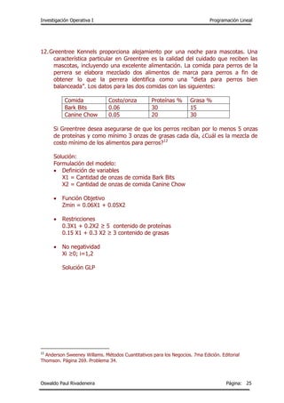 Investigación Operativa I Programación Lineal
Oswaldo Paul Rivadeneira Página: 25
12.Greentree Kennels proporciona alojamiento por una noche para mascotas. Una
característica particular en Greentree es la calidad del cuidado que reciben las
mascotas, incluyendo una excelente alimentación. La comida para perros de la
perrera se elabora mezclado dos alimentos de marca para perros a fin de
obtener lo que la perrera identifica como una “dieta para perros bien
balanceada”. Los datos para las dos comidas con las siguientes:
Comida Costo/onza Proteínas % Grasa %
Bark Bits 0.06 30 15
Canine Chow 0.05 20 30
Si Greentree desea asegurarse de que los perros reciban por lo menos 5 onzas
de proteínas y como mínimo 3 onzas de grasas cada día, ¿Cuál es la mezcla de
costo mínimo de los alimentos para perros?12
Solución:
Formulación del modelo:
 Definición de variables
X1 = Cantidad de onzas de comida Bark Bits
X2 = Cantidad de onzas de comida Canine Chow
 Función Objetivo
Zmin = 0.06X1 + 0.05X2
 Restricciones
0.3X1 + 0.2X2 ≥ 5 contenido de proteínas
0.15 X1 + 0.3 X2 ≥ 3 contenido de grasas
 No negatividad
Xi ≥0; i=1,2
Solución GLP
12
Anderson Sweeney Willams. Métodos Cuantitativos para los Negocios. 7ma Edición. Editorial
Thomson. Página 269. Problema 34.
 