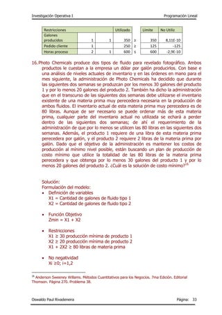 Investigación Operativa I Programación Lineal
Oswaldo Paul Rivadeneira Página: 33
Restricciones Utilizado Límite No Utiliz
Galones
producidos 1 1 350 ≥ 350 8,11E-10
Pedido cliente 1 250 ≥ 125 -125
Horas proceso 2 1 600 ≤ 600 -2,9E-10
16.Photo Chemicals produce dos tipos de fluido para revelado fotográfico. Ambos
productos le cuestan a la empresa un dólar por galón producirlos. Con base e
una análisis de niveles actuales de inventario y en las órdenes en mano para el
mes siguiente, la administración de Photo Chemicals ha decidido que durante
las siguientes dos semanas se produzcan por los menos 30 galones del producto
1 y por lo menos 20 galones del producto 2. También ha dicho la administración
que en el transcurso de las siguientes dos semanas debe utilizarse el inventario
existente de una materia prima muy perecedera necesaria en la producción de
ambos fluidos. El inventario actual de esta materia prima muy perecedera es de
80 libras. Aunque de ser necesario se puede ordenar más de esta materia
prima, cualquier parte del inventario actual no utilizada se echará a perder
dentro de las siguientes dos semanas; de ahí el requerimiento de la
administración de que por lo menos se utilicen las 80 libras en las siguientes dos
semanas. Además, el producto 1 requiere de una libra de esta materia prima
perecedera por galón, y el producto 2 requiere 2 libras de la materia prima por
galón. Dado que el objetivo de la administración es mantener los costos de
producción al mínimo nivel posible, están buscando un plan de producción de
costo mínimo que utilice la totalidad de las 80 libras de la materia prima
perecedera y que obtenga por lo menos 30 galones del producto 1 y por lo
menos 20 galones del producto 2. ¿Cuál es la solución de costo mínimo?16
Solución:
Formulación del modelo:
 Definición de variables
X1 = Cantidad de galones de fluido tipo 1
X2 = Cantidad de galones de fluido tipo 2
 Función Objetivo
Zmin = X1 + X2
 Restricciones
X1 ≥ 30 producción mínima de producto 1
X2 ≥ 20 producción mínima de producto 2
X1 + 2X2 ≥ 80 libras de materia prima
 No negatividad
Xi ≥0; i=1,2
16
Anderson Sweeney Willams. Métodos Cuantitativos para los Negocios. 7ma Edición. Editorial
Thomson. Página 270. Problema 38.
 