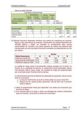 Investigación Operativa I Programación Lineal
Oswaldo Paul Rivadeneira Página: 47
Datos de salida SOLVER
ELECTRONIC COMUNICATION
Radios asignados a
Distribuidores Cadenas
nacionales
de tiendas
pedidos
por
correo
Equipo
Marino
Equipos
de Oficina
Número de Radios 10.71429 442.85714 150 0 Max
Utlidades 90 84 70 60 48664.29
RESTRICCIONES
USO DE
RECUROS Utilizado LIMITE No utiliz
Presupuesto 10 8 9 15 5000 ≤ 5000 0.00
Esfuerzo laboral 2 3 3 1800 ≤ 1800 0.00
Contrato cadena
nacion 1 150 ≥ 150 0.00
23.National Insurance Associates mantiene una cartera de inversiones en acciones,
bonos y otras alternativas de inversión. Actualmente hay fondos disponibles por
200.000 dólares y deben ser tomados en consideración para nuevas
oportunidades de inversión. Las cuatro opciones de valores que National está
considerando así como los datos financieros relevantes correspondientes son los
que siguen:
Acción
Datos financieros A B C D
Precio por acción ($) 100 50 80 40
Tasa anual de rendimiento 0.12 0.08 0.06 0.10
Medida de riego por dólar 0.10 0.07 0.05 0.08
La medida de riesgo indica la incertidumbre relativa asociada con la acción, en
función de su capacidad de alcanzar su rendimiento anual proyectado; valores
más elevados indican mayor riesgo. Las medidas de riesgo son proporcionadas
por el principal asesor financiero de la empresa.
La administración general de National ha estipulado las siguientes vías de acción
para las inversiones:
1. La tasa de rendimiento anual de la cartera debe ser por lo menos 9%
2. Ninguno de los valores puede representar más del 50% de la inversión
total en dólares.
a. Utilice la programación lineal para desarrollar una cartera de inversiones que
minimice el riesgo.
b. Si la empresa ignora el riesgo y utiliza una estrategia de máximo rendimiento
sobre la inversión, ¿Cuál sería la cartera de inversiones?
 