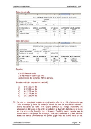 Investigación Operativa I Programación Lineal
Oswaldo Paul Rivadeneira Página: 71
Datos de entrada
Datos de Salida:
Solución:
470.59 libras de maíz,
329.41 libras de semilla de soya
costo mínimo del alimento: 437.65 por día.
Solución múltiple: respuesta correcta b)
a) $ 457.65 por día
b) $ 437.65 por día
c) $ 417.65 por día
d) $ 517.65 por día
e) $ 537.65 por día
35. Jack es un estudiante emprendedor de primer año de la UTE. Comprende que
“sólo el trabajo y nada de diversión hacen de Jack un muchacho aburrido”.
Como resultado de esto, Jack quiere distribuir su tiempo disponible, de
alrededor de 10 horas al día, entre el trabajo y la diversión. Calcula que el juego
es dos veces más divertido que el trabajo. También quiere estudiar por lo
menos tanto como juega. Sin embargo, Jack comprende que si quiere terminar
todas sus tareas universitarias, no puede jugar más de cuatro horas al día.
 