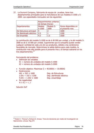 Investigación Operativa I Programación Lineal
Oswaldo Paul Rivadeneira Página: 76
37. La Dumont Company, fabricante de equipo de pruebas, tiene tres
departamentos principales para la manufactura de sus modelos S-1000 y S-
2000. Las capacidades mensuales son las siguientes:
Requerimientos unitarios
de tiempo (horas)
Departamentos Modelo
S-1000
Modelo S-
2000
Horas disponibles en
el presente mes
De Estructura principal 4 2 1600
De Alambrado eléctrico 2.5 1 1200
De Ensamble 4.5 1.5 1600
La contribución del modelo S-1000 es de $ 40 000 por unidad, y la del modelo S-
2000 es de $ 10 000 por unidad. Suponiendo que la compañía puede vender
cualquier cantidad de cada uno de sus productos, debido a las condiciones
favorables de mercado. Determínese la salida óptima para cada modelo, la
contribución más alta posible para el presente mes y el tiempo sobrante en los
tres departamentos.35
Formulación del problema:
 Definición de variables
X1 = número de unidades del modelo S-1000
X2 = número de unidades del modelo S-2000
 Función objetivo: Maximizar Z = 40.000X1 + 10.000X2
 Restricciones
4X1 + 2X2 ≤ 1600 Dep. de Estructuras
2.5X1 + 1X2 ≤ 1200 Dep. alambrado eléctrico
4.5X1 + 1.5X2 ≤ 1600 Dep. ensamblaje
 No negatividad
Xi ≥ 0; i = 1, 2
Solución GLP
35
Robert J. Thierauf y Richard A. Grosse. Toma de decisiones por medio de Investigación de
Operaciones. Limusa. Pag 273
 