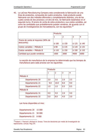 Investigación Operativa I Programación Lineal
Oswaldo Paul Rivadeneira Página: 83
40. La LaCross Manufacturing Company esta considerando la fabricación de una
línea de productos, compuesta de cuatro productos. Cada producto puede
fabricarse con dos métodos diferentes y completamente distintos, uno de los
cuales consta de dos procesos y el otro de tres. Se fabricarán basándose en el
segundo turno. El precio de venta de estos productos y sus costos variables, así
como las cantidades que probablemente puedan venderse, de acuerdo con el
grupo de investigaciones de mercadotecnia, son los siguientes:38
Producto
1 2 3 4
Precio de venta al mayoreo (40% de
descuento)
$ 100 $ 150 $ 125 $ 140
Costos variables – Método A $ 80 $ 135 $ 120 $ 135
Costos variables – Método B $ 110 $ 150 $ 100 $ 110
Cantidad que puede venderse 1000 3000 4000 6000
La sección de manufactura de la empresa ha determinado que los tiempos de
manufactura para cada proceso son los siguientes:
Producto
1 2 3 4
Método A
Departamento 20 3.0 3.6 2.0 3.5
Departamento 21 9.0 10.0 8.0 9.0
Departamento 22 1.0 1.0 0.5 0.5
Método B
Departamento 31 4.0 4.0 2.0 4.0
Departamento 32 5.0 8.0 4.0 3.0
Las horas disponibles al mes:
Departamento 20 15 000
Departamento 21 50 000
Departamento 22 8 000
38
Robert J. Thierauf y Richard A. Grosse. Toma de decisiones por medio de Investigación de
Operaciones. Limusa. Pag 275
 