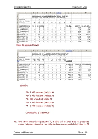 Investigación Operativa I Programación Lineal
Oswaldo Paul Rivadeneira Página: 85
Datos de salida del Solver
Solución:
P1= 1 000 unidades (Método A)
P2= 3 000 unidades (Método A)
P3= 600 unidades (Método A)
P3= 1 000 unidades (Método B)
P4= 2 000 unidades (Método B)
Contribución, $ 153 000,00
41. Una fábrica elabora dos productos, A, B. Cada uno de ellos debe ser procesado
en dos máquinas diferentes. Una máquina tiene una capacidad disponible de 24
 