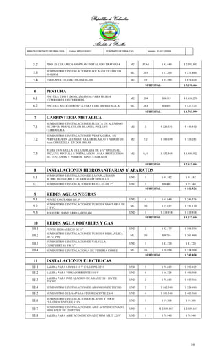 República de Colombia



                                                       Alcaldía de Pinillos
MINUTA CONTRATO DE OBRA CIVIL   Código: MPO-016/2011          CONTRATO DE OBRA CIVIL          Versión: 01-07-12/2009




    5.2       PISO EN CERAMICA 0.4M*0.4M INSTALADO TRAFICO 4                     M2    57,64              $ 43.440     $ 2.503.882

              SUMINISTRO E INSTALACION DE ZOCALO CERAMICOS
    5.3       H=0,08M
                                                                                ML     20,9               $ 13.200     $ 275.880

    5.4       ENCHAPE CERAMICO 0,20MX0,20M                                       M2     19                $ 35.580     $ 676.020
                                                                                         SUBTOTAL                      $ 5.190.464

     6        PINTURA
              PINTURA TIPO 1 (DOS (2) MANOS) PARA MUROS
    6.1       EXTERIORES E INTERIORES
                                                                                 M2    204                 $ 8.119     $ 1.656.276

    6.2       PINTURA ANTICORROSIVA PARA CERCHA METALICA                        ML     26,4                $ 4.838     $ 127.723

                                                                                         SUBTOTAL                      $ 1.783.999

     7        CARPINTERIA METALICA
              SUMINISTRO E INSTALACION DE PUERTA EN ALUMINIO
    7.1       DE 2M*1M PERFIL COLOR BLANCO, INCLUYE                              M2     2                 $ 220.421    $ 440.842
              CERRADURA
              SUMINISTRO E INSTALACION DE VENTANERIA EN
    7.2       PERFILERIA EN ALUMINIO COLOR BLANCO Y VIDRIO DE                    M2     7,2               $ 100.039    $ 720.281
              4mm CORREDIZA EN DOS HOJAS

              REJAS EN VARILLA EN CUADRADA DE φ ½" ORIGINAL,
    7.3       INCLUYE PINTURA E INSTALACION , PARA PROTECCION                    M2    9,51               $ 152.568    $ 1.450.922
              DE VENTANAS Y PUERTA, TIPO CUADRADA

                                                                                         SUBTOTAL                      $ 2.612.044

     8        INSTALACIONES HIDROSANITARIAS Y APARATOS
              SUMINISTRO E INSTALACION DE LAVAPLATOS EN
    8.1       ACERO INOXIDABLE DE 0,4MX0,6M SENCILLO
                                                                                UND     1                 $ 91.182      $ 91.182

    82.       SUMINISTRO E INSTALACION DE REJILLAS DE 2"                        UND     3                  $ 8.448      $ 25.344
                                                                                         SUBTOTAL                      $ 116.526

     9        REDES AGUAS NEGRAS
    9.1       PUNTO SANITARIO DE 2"                                             UND     4                 $ 61.644     $ 246.576
              SUMINISTRO E INSTALACION DE TUBERIA SANITARIA DE
    9.2       2" PVC
                                                                                ML      30                $ 25.037     $ 751.110

    9.3       REGISTRO SANITARIO 0,6MX0,6M                                      UND     1                 $ 119.918    $ 119.918
                                                                                         SUBTOTAL                      $ 1.117.604

    10        REDES AGUA POTABLES Y GAS
   10.1       PUNTO HIDRAULICO DE ½"                                            UND     2                 $ 52.177     $ 104.354
              SUMINISTRO E INSTALACION DE TUBERIA HIDRAULICA
   10.2       DE ½" PVC
                                                                                ML      30                 $ 8.716     $ 261.480

              SUMINISTRO E INSTALACION DE VALVULA
   10.3       COMPUERTAS RW ½"
                                                                                UND     1                 $ 43.720      $ 43.720

   10.4       SUMINISTRO E INSTALACIONIA DE TUBERIA COBRE                       ML      16                $ 20.894     $ 334.304
                                                                                         SUBTOTAL                      $ 743.858

    11        INSTALACIONES ELECTRICAS
   11.1       SALIDA PARA LUCES 110 V C/ LUZ PILOTO                             UND     5                 $ 78.683     $ 393.415

   11.2       SALIDA PARA TOMACORRIENTE 110 V                                   UND     6                 $ 66.728     $ 400.368
              SALIDA PARA INSTALACION DE ABANICOS 110V DE
   11.3       TECHO
                                                                                UND     2                 $ 78.683     $ 157.366

   11.4       SUMINISTRO E INSTALACION DE ABANICOS DE TECHO                     UND     2                 $ 162.340    $ 324.680

   11.5       SUMINISTRO DE LAMPARA FLUORESCENTE 2X48                           UND     4                 $ 101.340    $ 405.360
              SUMINISTRO E INSTALACION DE PLAFON Y FOCO
   11.6       FLUORESCENTE DE 110V
                                                                                UND     1                 $ 19.308      $ 19.308

              SUMINISTRO E INSTALACION DE AIRE ACONDICIONADO
   11.7       MINI SPLIT DE 2 HP 220V
                                                                                UND     1                $ 2.029.667   $ 2.029.667

   11.8       SALIDA PARA AIRE ACONDICIONADO MINI SPLIT 220V                    UND     1                 $ 78.940      $ 78.940




                                                                                                                            10
 
