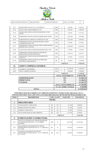 República de Colombia



                                                        Alcaldía de Pinillos
MINUTA CONTRATO DE OBRA CIVIL    Código: MPO-016/2011          CONTRATO DE OBRA CIVIL          Versión: 01-07-12/2009




  11.1       SALIDA PARA LUCES 110 V C/ LUZ PILOTO                             UND       5             $ 78.683             $ 393.415

  11.2       SALIDA PARA TOMACORRIENTE 110 V                                   UND       6             $ 66.728             $ 400.368
             SALIDA PARA INSTALACION DE ABANICOS 110V DE
  11.3       TECHO
                                                                               UND       2             $ 78.683             $ 157.366

  11.4       SUMINISTRO E INSTALACION DE ABANICOS DE TECHO                     UND       2             $ 162.340            $ 324.680

  11.5       SUMINISTRO DE LAMPARA FLUORESCENTE 2X48                           UND       4             $ 101.340            $ 405.360
             SUMINISTRO E INSTALACION DE PLAFON Y FOCO
  11.6       FLUORESCENTE DE 110V
                                                                               UND       1             $ 19.308              $ 19.308

             SUMINISTRO E INSTALACION DE AIRE ACONDICIONADO
  11.7       MINI SPLIT DE 2 HP 220V
                                                                               UND       1            $ 2.029.667           $ 2.029.667

  11.8       SALIDA PARA AIRE ACONDICIONADO MINI SPLIT 220V                    UND       1             $ 78.940              $ 78.940

             SUMINISTRO E INSTALACION DE TABLERO DE
  11.9       PROTECCION DE OCHO CIRCUITOS
                                                                               UND       1             $ 218.715            $ 218.715

             SUMINISTRO E INSTALACION DE INTERRUPTOR
 11.10       SENCILLO
                                                                               UND       3             $ 78.958             $ 236.874

             SUMINISTRO E INSTALACION DE ACOMETEIDA
 11.11       ELECTRICA CABLEADO No 8
                                                                                ML       30            $ 25.430             $ 762.900

                                                                                         SUBTOTAL                           $ 5.027.593

  12         ASEO Y LIMPIEZA GENERAL
  12.1       ACARREO Y TRANSPORTE                                              GLB       1            $ 1.095.529           $ 1.095.529

  12.2       ASEO Y LIMPIEZA GENERAL                                           GLB       1             $ 200.000            $ 200.000
                                                                                         SUBTOTAL                           $ 1.295.529
                                                                                  TOTAL COSTO DIRECTO                     $ 30.075.948
             ADMINISTRACION                                                                   12%                            $ 3.609.114
             IMPREVISTOS                                                                       8%                            $ 2.406.076
             UTILIDAD                                                                          5%                            $ 1.503.797
                                                                                TOTAL COSTO INDIRECTO                        $ 7.518.987
                                                                                 IVA 16% SOBRE UTILIDAD                        $ 240.608
                                        TOTAL                                                                               $ 37.835.543

  CONSTRUCCION DE CUBIERTA EN ASBESTO CEMENTO Y ESTRUCTURA METALICA EN LA
INSTITUCION EDUCATIVA DE SANTA COA (BACHILLERATO), MUNICIPO DE PINILLOS BOLIVAR
ITEM                            DESCRIPCION                            UND      CANT          VLR UNIT                  VLR TOTAL
                                                                     ITEMS
   1       PRELIMINARES
  1.1      LOCALIZACION Y REPLANTEO                                     M2        189                   $ 1.524           $ 288.036

  1.2      DEMOLICION DE COLUMNAS                                       ML        34                    $ 1.925           $ 65.450

  1.3      LIMPIEZA Y DESCAPOTE                                         M2        189                   $ 2.029           $ 383.481

  1.4      EXCAVACION MANUAL PARA CIMIENTO                              M3        18,8                $ 17.074            $ 320.991

                                                                                     SUBTOTAL                            $ 1.057.958

   2       CIMENTACION Y ESTRUCTURA
           ZAPATA EN CONCRETO DE 3.000 PSI REFORZADO
  2.1      DE 0.8M*0.8M*0.25M CON 5 φ ½" EN AMBOS                      UND        16                 $ 152.370           $ 2.437.920
           SENTIDOS

           VIGA CIMIENTO EN CONCRETO DE 3.000 PSI
  2.2      REFORZADO DE 0,2M*0,2M CON 4 φ ½" Y AROS DE φ                ML        70                  $ 49.238           $ 3.446.660
           ⅜" C/0.2M

           COLUMNA EN CONCRETO DE 3.000 PSI
  2.3      REFORZADO DE 0.2M*0.2M CON 4 φ ½" Y AROS DE                  ML        54,4                $ 60.478           $ 3.290.003
           φ ⅜" C/0.2M




                                                                                                                                      13
 