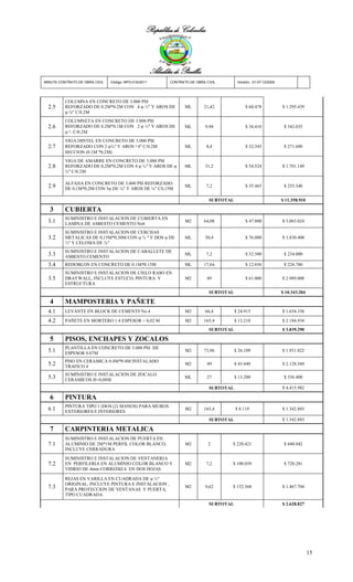 República de Colombia



                                                       Alcaldía de Pinillos
MINUTA CONTRATO DE OBRA CIVIL   Código: MPO-016/2011          CONTRATO DE OBRA CIVIL        Versión: 01-07-12/2009




          COLUMNA EN CONCRETO DE 3.000 PSI
  2.5     REFORZADO DE 0.2M*0.2M CON 4 φ ½" Y AROS DE                ML       21,42             $ 60.478             $ 1.295.439
          φ ⅜" C/0.2M
          COLUMNETA EN CONCRETO DE 3.000 PSI
  2.6     REFORZADO DE 0.2M*0.1M CON 2 φ ½" Y AROS DE                ML        9,94             $ 34.410              $ 342.035
          φ ⅟ C/0.2M
             4



          VIGA DINTEL EN CONCRETO DE 3.000 PSI
  2.7     REFORZADO CON 2 φ⅜" Y AROS ⅟4" C/0.2M                      ML        8,4              $ 32.345              $ 271.698
          SECCION (0.1M *0.2M)
          VIGA DE AMARRE EN CONCRETO DE 3.000 PSI
  2.8     REFORZADO DE 0,2M*0,2M CON 4 φ ½" Y AROS DE φ              ML        31,2             $ 54.524             $ 1.701.149
          ⅜" C/0.2M

          ALFAJIA EN CONCRETO DE 3.000 PSI REFORZADO
  2.9     DE 0,1M*0,2M CON 3φ DE ⅜" Y AROS DE ⅜" C0,15M
                                                                     ML        7,2              $ 35.465              $ 255.348


                                                                                SUBTOTAL                             $ 11.358.910

  3       CUBIERTA
          SUMINISTRO E INSTALACION DE CUBIERTA EN
  3.1     LAMINA DE ASBESTO CEMENTO No6
                                                                     M2       64,08             $ 47.800             $ 3.063.024

          SUMINISTRO E INSTALACION DE CERCHAS
  3.2     METALICAS DE 0,15M*0,30M CON φ ⅝ " Y DOS φ DE              ML        50,4             $ 76.000             $ 3.830.400
          ½" Y CELOSIA DE ⅜"
          SUMINISTRO E INSTALACION DE CABALLETE DE
  3.3     ASBESTO CEMENTO
                                                                     ML        7,2              $ 32.500              $ 234.000

  3.4     REDOBLON EN CONCRETO DE 0.1M*0.15M                         ML       17,64             $ 12.856              $ 226.780
          SUMINISTRO E INSTALACION DE CIELO RASO EN
  3.5     DRAYWALL, INCLUYE ESTUCO, PINTURA Y                        M2        49               $ 61.000             $ 2.989.000
          ESTRUCTURA
                                                                                SUBTOTAL                             $ 10.343.204

  4       MAMPOSTERIA Y PAÑETE
  4.1     LEVANTE EN BLOCK DE CEMENT0 No 4                           M2        66,4        $ 24.915                  $ 1.654.356

  4.2     PAÑETE EN MORTERO 1:4 ESPESOR = 0,02 M                     M2       165,4        $ 13.210                  $ 2.184.934
                                                                                SUBTOTAL                             $ 3.839.290

  5       PISOS, ENCHAPES Y ZOCALOS
          PLANTILLA EN CONCRETO DE 3.000 PSI DE
  5.1     ESPESOR 0.07M
                                                                     M2       73,96        $ 26.109                  $ 1.931.022

          PISO EN CERAMICA 0.4M*0.4M INSTALADO
  5.2     TRAFICO 4
                                                                     M2        49          $ 43.440                  $ 2.128.560

          SUMINISTRO E INSTALACION DE ZOCALO
  5.3     CERAMICOS H=0,08M
                                                                     ML        27          $ 13.200                   $ 356.400

                                                                                SUBTOTAL                             $ 4.415.982

  6       PINTURA
          PINTURA TIPO 1 (DOS (2) MANOS) PARA MUROS
  6.1     EXTERIORES E INTERIORES
                                                                     M2       165,4        $ 8.119                   $ 1.342.883

                                                                                SUBTOTAL                             $ 1.342.883

  7       CARPINTERIA METALICA
          SUMINISTRO E INSTALACION DE PUERTA EN
  7.1     ALUMINIO DE 2M*1M PERFIL COLOR BLANCO,                     M2         2      $ 220.421                      $ 440.842
          INCLUYE CERRADURA
          SUMINISTRO E INSTALACION DE VENTANERIA
  7.2     EN PERFILERIA EN ALUMINIO COLOR BLANCO Y                   M2        7,2     $ 100.039                      $ 720.281
          VIDRIO DE 4mm CORREDIZA EN DOS HOJAS

          REJAS EN VARILLA EN CUADRADA DE φ ½"
          ORIGINAL, INCLUYE PINTURA E INSTALACION ,
  7.3     PARA PROTECCION DE VENTANAS Y PUERTA,
                                                                     M2        9,62    $ 152.568                     $ 1.467.704
          TIPO CUADRADA

                                                                                SUBTOTAL                             $ 2.628.827




                                                                                                                                    15
 