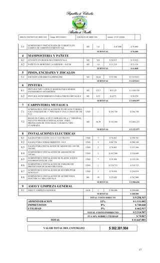 República de Colombia



                                                       Alcaldía de Pinillos
MINUTA CONTRATO DE OBRA CIVIL   Código: MPO-016/2011          CONTRATO DE OBRA CIVIL             Versión: 01-07-12/2009




        SUMINISTRO E INSTALACION DE CUBIERTA EN
 3.1    LAMINA DE ASBESTO CEMENTO No6
                                                                        M2         1,6                   $ 47.800          $ 76.480

                                                                                   SUBTOTAL                                $ 76.480

  4     MAMPOSTERIA Y PAÑETE
 4.1    LEVANTE EN BLOCK DE CEMENT0 No 4                                M2         0,8             $ 24.915                $ 19.932

 4.2    PAÑETE EN MORTERO 1:4 ESPESOR = 0,02 M                          M2         1,6             $ 13.210                $ 21.136
                                                                                   SUBTOTAL                                $ 41.068

  5     PISOS, ENCHAPES Y ZOCALOS
 5.1    ENCHAPE CERAMICO 0,20MX0,20M                                    M2        28,64            $ 35.580               $ 1.019.011
                                                                                   SUBTOTAL                               $ 1.019.011

  6     PINTURA
        PINTURA TIPO 1 (DOS (2) MANOS) PARA MUROS
 6.1    EXTERIORES E INTERIORES
                                                                        M2        125,7             $ 8.119               $ 1.020.558

 6.2    PINTURA ANTICORROSIVA PARA CERCHA METALICA                      ML        8,32              $ 4.572                $ 38.039

                                                                                   SUBTOTAL                               $ 1.058.597

  7     CARPINTERIA METALICA
        SUMINISTRO E INSTALACION DE PUERTA EN TUBERIA
 7.1    GALVANIZADA DE 1", PINTADA Y UNA (1) HOJA DE 2M                UND             1          $ 256.750               $ 256.750
        X 21

        REJAS EN VARILLA EN CUADRADA DE φ ½" ORIGINAL,
        INCLUYE PINTURA E INSTALACION , PARA
 7.2    PROTECCION DE VENTANAS Y PUERTA, TIPO
                                                                        M2        18,78           $ 152.568               $ 2.865.227
        CUADRADA
                                                                                   SUBTOTAL                               $ 3.121.977

  8     INSTALACIONES ELECTRICAS
 8.1    SALIDA PARA LUCES 110 V C/ LUZ PILOTO                          UND             7           $ 78.683               $ 550.781

 8.2    SALIDA PARA TOMACORRIENTE 110 V                                UND             3           $ 66.728               $ 200.184
        SALIDA PARA INSTALACION DE ABANICOS 110V DE
 8.3    TECHO
                                                                       UND             2           $ 78.683               $ 157.366

        SUMINISTRO E INSTALACION DE ABANICOS DE
 8.4    TECHO
                                                                       UND             2          $ 162.340               $ 324.680

        SUMINISTRO E INSTALACION DE PLAFON Y FOCO
 8.5    FLUORESCENTE DE 110V
                                                                       UND             7           $ 19.308               $ 135.156

        SUMINISTRO E INSTALACION DE TABLERO DE
 8.6    PROTECCION DE OCHO CIRCUITOS
                                                                       UND             1          $ 218.715               $ 218.715

        SUMINISTRO E INSTALACION DE INTERRUPTOR
 8.7    SENCILLO
                                                                       UND             3           $ 78.958               $ 236.874

        SUMINISTRO E INSTALACION DE ACOMETEIDA
 8.8    ELECTRICA CABLEADO No 8
                                                                        ML         30              $ 25.430               $ 762.900

                                                                                   SUBTOTAL                               $ 2.586.656

  9     ASEO Y LIMPIEZA GENERAL
 9.1    ASEO Y LIMPIEZA GENERAL                                        GLB             1          $ 200.000               $ 200.000
                                                                                   SUBTOTAL                               $ 200.000
                                                                             TOTAL COSTO DIRECTO                             $ 9.258.347
        ADMINISTRACION                                                                     12%                               $ 1.111.002
        IMPREVISTOS                                                                        8%                                  $ 740.668
        UTILIDAD                                                                           5%                                  $ 462.917
                                                                        TOTAL COSTO INDIRECTO                                $ 2.314.587
                                                                         IVA 16% SOBRE UTILIDAD                                 $ 74.067
                                TOTAL                                                                                       $ 11.647.001


                         VALOR TOTAL DEL CONTRATO                                                 $ 362.381.904




                                                                                                                                      17
 