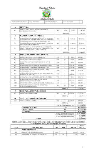 República de Colombia



                                                       Alcaldía de Pinillos
MINUTA CONTRATO DE OBRA CIVIL   Código: MPO-016/2011          CONTRATO DE OBRA CIVIL      Versión: 01-07-12/2009




     6         PINTURA
               PINTURA TIPO 1 (DOS (2) MANOS) PARA MUROS
    6.1        EXTERIORES E INTERIORES
                                                                                   M2        165,4          $ 8.119            $ 1.342.883

                                                                                         SUBTOTAL                              $ 1.342.883

     7         CARPINTERIA METALICA
               SUMINISTRO E INSTALACION DE PUERTA EN ALUMINIO
    7.1        DE 2M*1M PERFIL COLOR BLANCO, INCLUYE CERRADURA
                                                                                   M2          2          $ 220.421             $ 440.842

               SUMINISTRO E INSTALACION DE VENTANERIA EN
    7.2        PERFILERIA EN ALUMINIO COLOR BLANCO Y VIDRIO DE                     M2          7,2        $ 100.039             $ 720.281
               4mm CORREDIZA EN DOS HOJAS
               REJAS EN VARILLA EN CUADRADA DE φ ½" ORIGINAL,
    7.3        INCLUYE PINTURA E INSTALACION , PARA PROTECCION                     M2        9,62         $ 152.568            $ 1.467.704
               DE VENTANAS Y PUERTA, TIPO CUADRADA
                                                                                         SUBTOTAL                              $ 2.628.827

     8         INSTALACIONES ELECTRICAS
    8.1        SALIDA PARA LUCES 110 V C/ LUZ PILOTO                              UND          5        $ 78.683              $ 393.415

    8.2        SALIDA PARA TOMACORRIENTE 110 V                                    UND          13       $ 66.728              $ 867.464
               SALIDA PARA INSTALACION DE ABANICOS 110V DE
    8.3        TECHO
                                                                                  UND          2        $ 78.683              $ 157.366

    8.4        SUMINISTRO E INSTALACION DE ABANICOS DE TECHO                      UND          2       $ 162.340              $ 324.680
    8.5        SUMINISTRO DE LAMPARA FLUORESCENTE 2X48                            UND          3       $ 101.340              $ 304.020
               SUMINISTRO E INSTALACION DE PLAFON Y FOCO
    8.6        FLUORESCENTE DE 110V
                                                                                  UND          2        $ 19.308              $ 38.616

               SUMINISTRO E INSTALACION DE AIRE ACONDICIONADO                                              $
    8.7        MINI SPLIT DE 2 HP 220V
                                                                                  UND          1
                                                                                                       2.029.667
                                                                                                                             $ 2.029.667

    8.8        SALIDA PARA AIRE ACONDICIONADO MINI SPLIT 220V                     UND          1        $ 78.940              $ 78.940

               SUMINISTRO E INSTALACION DE TABLERO DE
    8.9        PROTECCION DE OCHO CIRCUITOS
                                                                                  UND          1       $ 218.715              $ 218.715

   8.10        SUMINISTRO E INSTALACION DE INTERRUPTOR SENCILLO                   UND          3        $ 78.958              $ 236.874
               SUMINISTRO E INSTALACION DE ACOMETEIDA
   8.11        ELECTRICA CABLEADO No 8
                                                                                   ML          30       $ 25.430              $ 762.900

                                                                                        SUBTOTAL                             $ 5.412.657

     9         RED PARA COMPUTADORES
    9.1        SALIDA PARA COMPUTADOR                                              ML          11      $ 155.981             $ 1.715.791
                                                                                        SUBTOTAL                             $ 1.715.791

    10         ASEO Y LIMPIEZA GENERAL
   10.1        ASEO Y LIMPIEZA GENERAL                                            GLB          1       $ 200.000              $ 200.000
                                                                                        SUBTOTAL                              $ 200.000
                                                                                  TOTAL COSTO DIRECTO                        $ 41.596.302
                   ADMINISTRACION                                                            12%                              $ 4.991.556
                   IMPREVISTOS                                                                8%                              $ 3.327.704
                   UTILIDAD                                                                   5%                              $ 2.079.815
                                                                                 TOTAL COSTO INDIRECTO                       $ 10.399.076
                                                                                 IVA 16% SOBRE UTILIDAD                         $ 332.770
                                            TOTAL                                                                            $ 52.328.148

ADECUACION DE LA SALA DE INFORMATICA DE LA INSTITUCION EDUCATIVA LAS CONCHITAS
                    SEDE BUENOS AIRES, MUNICIPIO DE PINILLOS
                                                                         VLR
  ITEM               DESCRIPCION               UND    CANT   VLR UNIT   TOTAL
      1           PRELIMINARES
     1.1          DESMONTE DE ABANICOS DE TECHO                                UND       2                     $ 10.274          $ 20.548

     1.2          DEMOLICION DE ANDENES EN CONCRETO                             NL      8,95                       $ 3.563       $ 31.889




                                                                                                                                     5
 