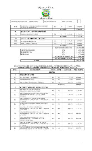 República de Colombia



                                                       Alcaldía de Pinillos
MINUTA CONTRATO DE OBRA CIVIL   Código: MPO-016/2011          CONTRATO DE OBRA CIVIL            Versión: 01-07-12/2009




                  SUMINISTRO E INSTALACION DE ACOMETEIDA
     8.11         ELECTRICA CABLEADO No 8
                                                                                 ML            30            $ 25.430      $ 762.900

                                                                                              SUBTOTAL                    $ 5.035.524

      9           RED PARA COMPUTADORES
     9.1          SALIDA PARA COMPUTADOR                                         ML            11           $ 155.981     $ 1.715.791
                                                                                              SUBTOTAL                    $ 1.715.791

     10           ASEO Y LIMPIEZA GENERAL
     10.1         ACARREO Y TRANSPORTE                                           GLB           1            $ 779.273      $ 779.273

     10.2         ASEO Y LIMPIEZA GENERAL                                        GLB           1            $ 200.000      $ 200.000
                                                                                              SUBTOTAL                     $ 979.273
                                                                                  TOTAL COSTO DIRECTO                    $ 15.593.200
                  ADMINISTRACION                                                                   12%                    $ 1.871.184
                  IMPREVISTOS                                                                      8%                     $ 1.247.456
                  UTILIDAD                                                                         5%                       $ 779.660
                                                                                 TOTAL COSTO INDIRECTO                    $ 3.898.300
                                                                                 IVA 16% SOBRE UTILIDAD                     $ 124.746
                                          TOTAL                                                                          $ 19.616.245


     CONSTRUCCION DE RESTAURANTE ESCOLAR DE LA INSTITUCION EDUCATIVA MANUEL
        FRANCISCO OBREGON SEDE MANTEQUERA, MUNICIPO DE PINILLOS BOLIVAR
   ITEM              DESCRIPCION            UND CANT      VLR UNIT   VLR TOTAL
                                                                      ITEMS
      1         PRELIMINARES
     1.1        LOCALIZACION Y REPLANTEO                                    M2          99                     $ 1.524   $ 150.876

     1.2        LIMPIEZA Y DESCAPOTE                                        M2          99                     $ 2.029   $ 200.871

     1.3        EXCAVACION MANUAL PARA CIMIENTO                             M3         5,68                   $ 17.074    $ 96.980

                                                                                        SUBTOTAL                         $ 448.727

      2         CIMENTACION Y ESTRUCTURA
                RELLENO CON MATERIAL COMUN
     2.1        TRANSPORTADO Y COMPACTADO
                                                                            M3         89,1                   $ 23.618   $ 2.104.364

                ZAPATA EN CONCRETO DE 3.000 PSI REFORZADO
     2.2        DE 0.8M*0.8M*0.25M CON 5 φ ½" EN AMBOS                     UND          8                    $ 152.370   $ 1.218.960
                SENTIDOS

                VIGA CIMIENTO EN CONCRETO DE 3.000 PSI
     2.3        REFORZADO DE 0,2M*0,2M CON 4 φ ½" Y AROS DE φ               ML          86                    $ 49.238   $ 4.234.468
                ⅜" C/0.2M
                SOBRECIMIENTO BLOQUE MACIZO No 4, HASTA
     2.4        H=0,9M
                                                                            ML          72                    $ 25.479   $ 1.834.488

                COLUMNA EN CONCRETO DE 3.000 PSI
     2.5        REFORZADO DE 0.2M*0.2M CON 4 φ ½" Y AROS DE                 ML         28,56                  $ 60.478   $ 1.727.252
                φ ⅜" C/0.2M
                COLUMNETA EN CONCRETO DE 3.000 PSI
     2.6        REFORZADO DE 0.2M*0.1M CON 2 φ ½" Y AROS DE                 ML         14,31                  $ 34.410   $ 492.407
                φ ⅟ C/0.2M
                   4



                VIGA DINTEL EN CONCRETO DE 3.000 PSI
     2.7        REFORZADO CON 2 φ⅜" Y AROS ⅟4" C/0.2M                       ML          3,5                   $ 32.345   $ 113.208
                SECCION (0.1M *0.2M)
                VIGA DE AMARRE EN CONCRETO DE 3.000 PSI
     2.8        REFORZADO DE 0,2M*0,2M CON 4 φ ½" Y AROS DE φ               ML          45                    $ 54.524   $ 2.453.580
                ⅜" C/0.2M
                ALFAJIA EN CONCRETO DE 3.000 PSI REFORZADO
     2.9        DE 0,1M*0,2M CON 3φ DE ⅜" Y AROS DE ⅜" C0,15M
                                                                            ML         13,5                   $ 35.465   $ 478.778




                                                                                                                                  7
 
