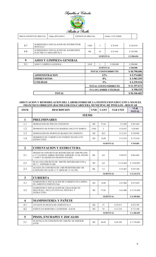 República de Colombia



                                                       Alcaldía de Pinillos
MINUTA CONTRATO DE OBRA CIVIL   Código: MPO-016/2011          CONTRATO DE OBRA CIVIL               Versión: 01-07-12/2009




                SUMINISTRO E INSTALACION DE INTERRUPTOR
     8.7        SENCILLO
                                                                           UND         3                   $ 78.958               $ 236.874

                SUMINISTRO E INSTALACION DE ACOMETEIDA
     8.8        ELECTRICA CABLEADO No 8
                                                                            ML         30                  $ 25.430               $ 762.900

                                                                                       SUBTOTAL                                   $ 2.586.656

      9         ASEO Y LIMPIEZA GENERAL
     9.1        ASEO Y LIMPIEZA GENERAL                                    GLB         1                  $ 200.000               $ 200.000
                                                                                       SUBTOTAL                                   $ 200.000
                                                                              TOTAL COSTO DIRECTO                                 $ 44.790.686
                ADMINISTRACION                                                              12%                                    $ 5.374.882
                IMPREVISTOS                                                                 8%                                     $ 3.583.255
                UTILIDAD                                                                    5%                                     $ 2.239.534
                                                                              TOTAL COSTO INDIRECTO                               $ 11.197.671
                                                                              IVA 16% SOBRE UTILIDAD                                 $ 358.325
                                       TOTAL                                                                                      $ 56.346.682


ADECUACION Y REMODELACION DEL LABORATORIO DE LA INSTITUCION EDUCATIVA MANUEL
   FRANCISCO OBREGON (BACHILLERATO) CABECERA MUNICIPAL DE PINILLOS - BOLIVAR
                                                                         VLR
 ITEM               DESCRIPCION              UND CANT      VLR UNIT
                                                                        TOTAL
                                                                      ITEMS
     1        PRELIMINARES
    1.1       DEMOLICION DE PISO EN CONCRETO                                     M2         57,64                       $ 3.499     $ 201.682

    1.2       DESMONTE DE PUERTA EN MADERA, INCLUYE MARCO                        UND         2                         $ 10.432      $ 20.864

    1.3       DEMOLICION DE MUROS EN BLOQUE DE CEMENTO                           M2         30,3                       $ 12.241     $ 370.902
              DESMONTE DE CUBIERTA EN ETERNIT NO INCLUYE
    1.4       ESTRUCTURA
                                                                                 M2         14,08                      $ 12.474     $ 175.634

                                                                                              SUBTOTAL                              $ 769.083

     2        CIMENTACION Y ESTRUCTURA
              MESON EN CONCRETO DE REFORZADO DE 3.000 PSI CON
    2.1       φ ⅜" C/0,2M EN AMBOS SENTIDO ESPESOR =0.1M, ANCHO                  ML          8,8                       $ 98.073     $ 863.042
              = 0.8M Y ACABADO EN GRANITO PULIDO

              PLACA EN CONCRETO DE 3000 PSI, REFORZADO CON φ
    2.2       DE ½", ESPESOR=0.10M
                                                                                 M2          8,8                      $ 116.464     $ 1.024.883

              ALFAJIA EN CONCRETO DE 3.000 PSI REFORZADO DE
    2.3       0,1M*0,2M CON 3φ DE ⅜" Y AROS DE ⅜" C0,15M
                                                                                 ML          7,2                       $ 35.465     $ 255.348

                                                                                              SUBTOTAL                              $ 2.143.274

     3        CUBIERTA
              SUMINISTRO E INSTALACION DE CUBIERTA EN LAMINA
    3.1       DE ASBESTO CEMENTO No6
                                                                                 M2         14,08                      $ 47.800     $ 673.024

              SUMINISTRO E INSTALACION DE CIELO RASO EN
    3.2       DRAYWALL, INCLUYE ESTUCO, PINTURA Y                                M2         57,64                      $ 61.000     $ 3.516.040
              ESTRUCTURA
                                                                                              SUBTOTAL                              $ 4.189.064

     4        MAMPOSTERIA Y PAÑETE
    4.1       LEVANTE EN BLOCK DE CEMENT0 No 4                                   M2          27                $ 24.915             $ 672.705

    4.2       PAÑETE EN MORTERO 1:4 ESPESOR = 0,02 M                             M2          54                $ 13.210             $ 713.340
                                                                                              SUBTOTAL                              $ 1.386.045

     5        PISOS, ENCHAPES Y ZOCALOS
              PLANTILLA EN CONCRETO DE 3.000 PSI DE ESPESOR
    5.1       0.07M
                                                                                 M2         66,44              $ 26.109             $ 1.734.682




                                                                                                                                           9
 