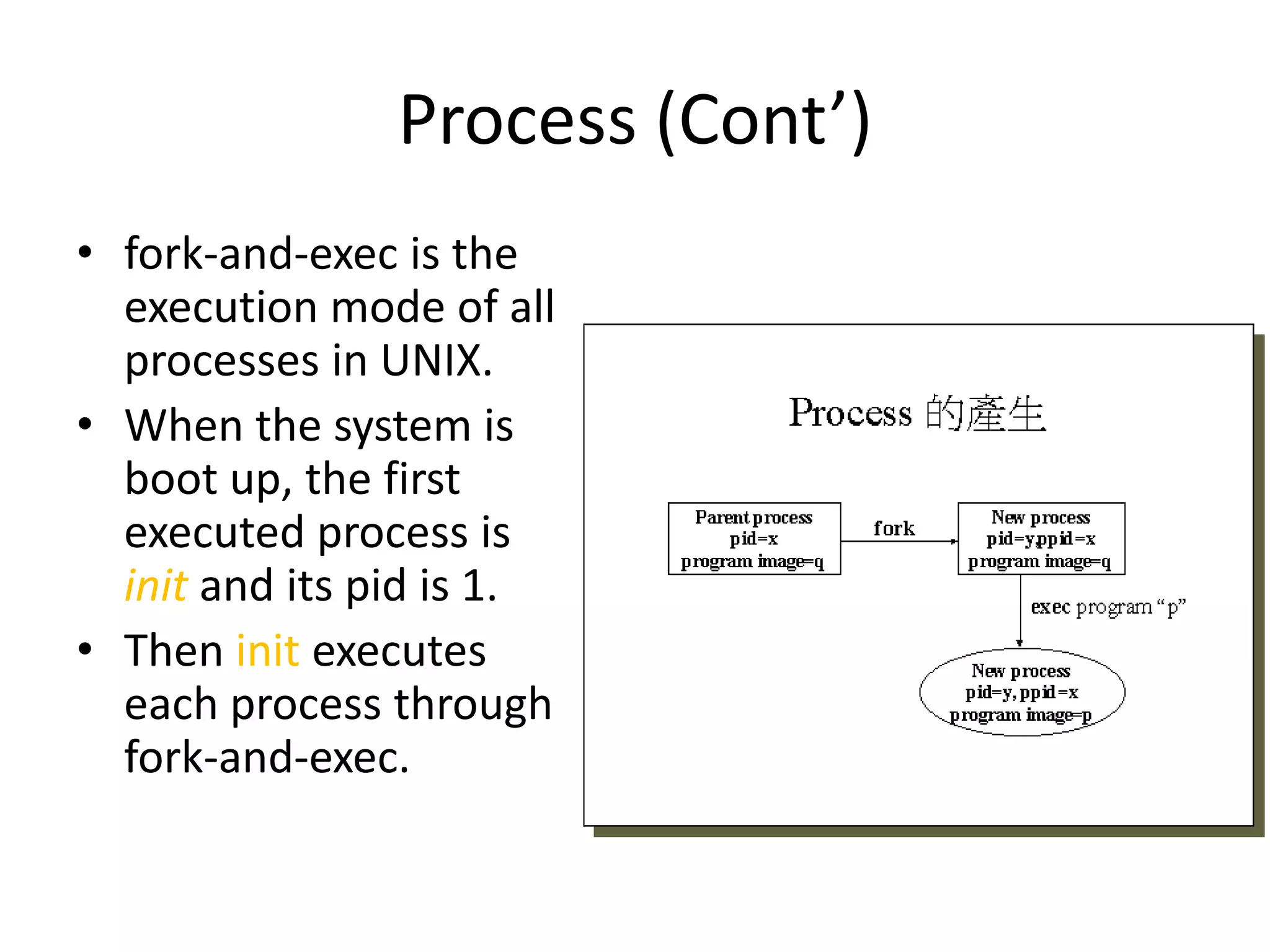 Process (Cont’)
• fork-and-exec is the
execution mode of all
processes in UNIX.
• When the system is
boot up, the first
executed process is
init and its pid is 1.
• Then init executes
each process through
fork-and-exec.

 
