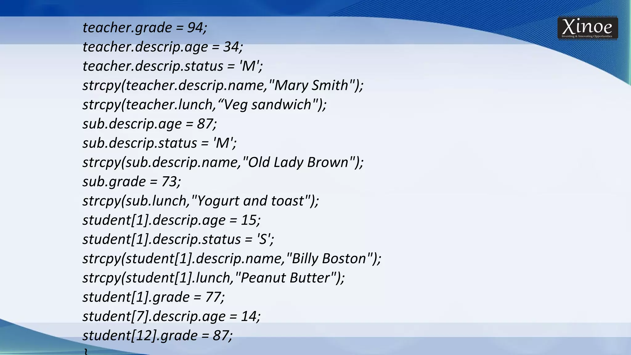 teacher.grade = 94; teacher.descrip.age = 34; teacher.descrip.status = 'M'; strcpy(teacher.descrip.name,"Mary Smith"); strcpy(teacher.lunch,“Veg sandwich"); sub.descrip.age = 87; sub.descrip.status = 'M'; strcpy(sub.descrip.name,"Old Lady Brown"); sub.grade = 73; strcpy(sub.lunch,"Yogurt and toast"); student[1].descrip.age = 15; student[1].descrip.status = 'S'; strcpy(student[1].descrip.name,"Billy Boston"); strcpy(student[1].lunch,"Peanut Butter"); student[1].grade = 77; student[7].descrip.age = 14; student[12].grade = 87; 