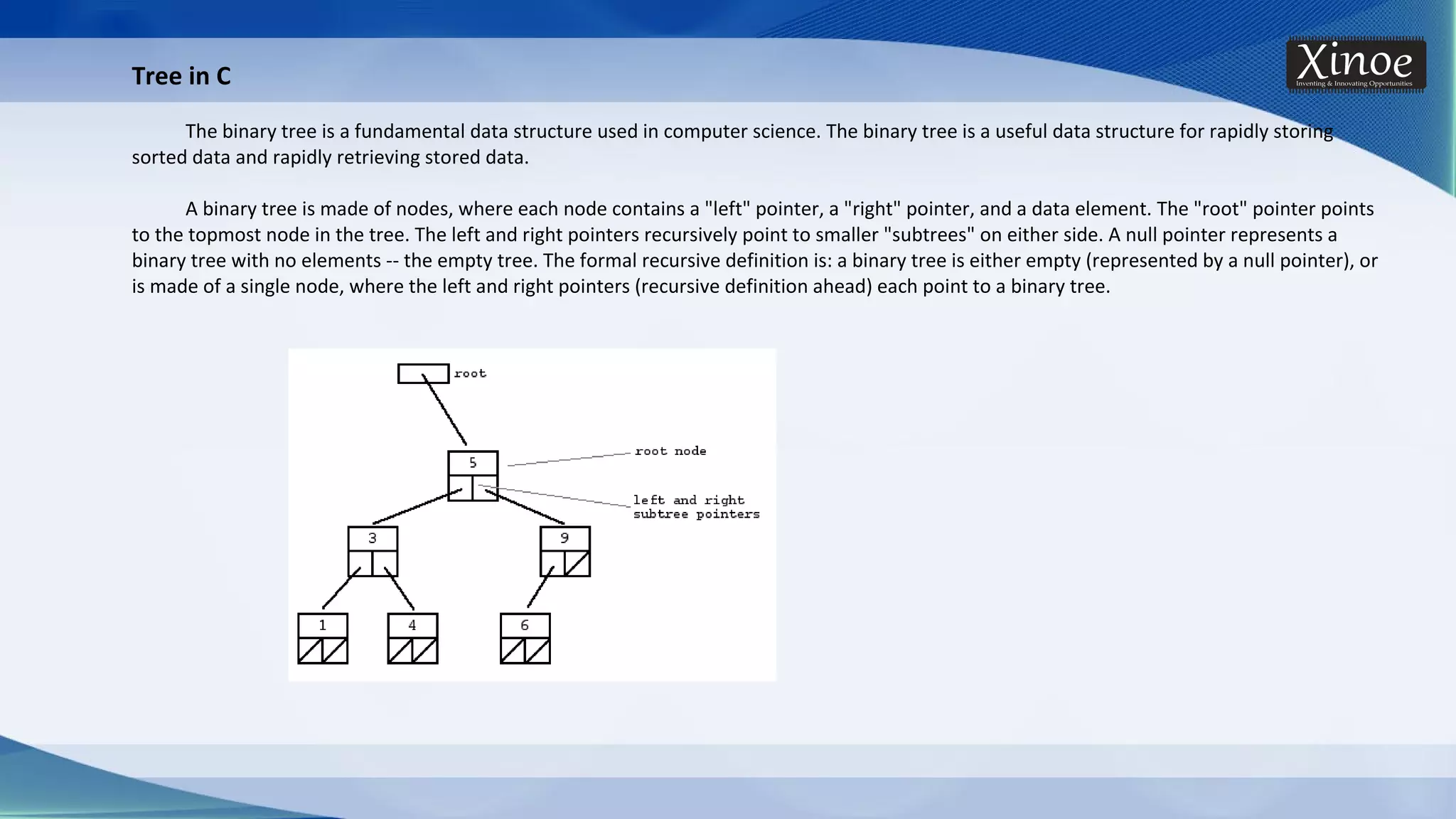 Tree in C The binary tree is a fundamental data structure used in computer science. The binary tree is a useful data structure for rapidly storing sorted data and rapidly retrieving stored data. A binary tree is made of nodes, where each node contains a "left" pointer, a "right" pointer, and a data element. The "root" pointer points to the topmost node in the tree. The left and right pointers recursively point to smaller "subtrees" on either side. A null pointer represents a binary tree with no elements -- the empty tree. The formal recursive definition is: a binary tree is either empty (represented by a null pointer), or is made of a single node, where the left and right pointers (recursive definition ahead) each point to a binary tree. 