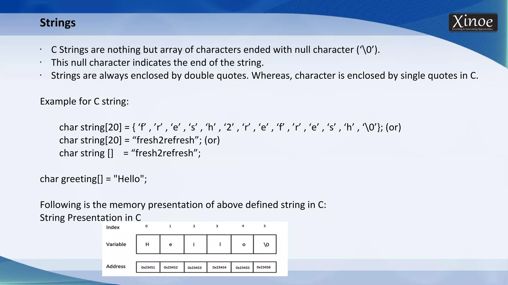 Strings • C Strings are nothing but array of characters ended with null character (‘0’). • This null character indicates the end of the string. • Strings are always enclosed by double quotes. Whereas, character is enclosed by single quotes in C. Example for C string: char string[20] = { ‘f’ , ’r’ , ‘e’ , ‘s’ , ‘h’ , ‘2’ , ‘r’ , ‘e’ , ‘f’ , ’r’ , ‘e’ , ‘s’ , ‘h’ , ‘0’}; (or) char string[20] = “fresh2refresh”; (or) char string [] = “fresh2refresh”; char greeting[] = "Hello"; Following is the memory presentation of above defined string in C: String Presentation in C 