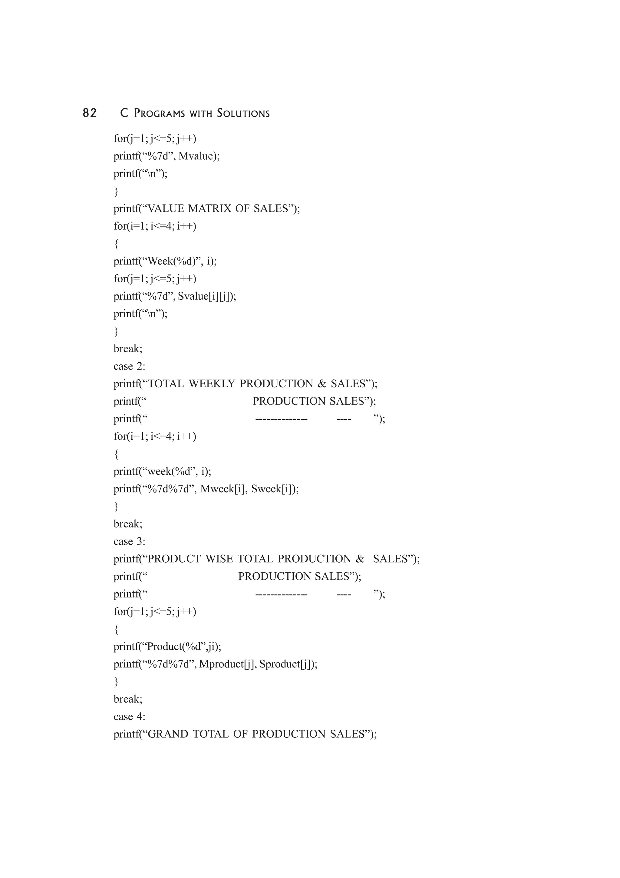 82 C PROGRAMS WITH SOLUTIONS
for(j=1; j<=5; j++)
printf(“%7d”, Mvalue);
printf(“n”);
}
printf(“VALUE MATRIX OF SALES”);
for(i=1; i<=4; i++)
{
printf(“Week(%d)”, i);
for(j=1; j<=5; j++)
printf(“%7d”, Svalue[i][j]);
printf(“n”);
}
break;
case 2:
printf(“TOTAL WEEKLY PRODUCTION & SALES”);
printf(“ PRODUCTION SALES”);
printf(“ -------------- ---- ”);
for(i=1; i<=4; i++)
{
printf(“week(%d”, i);
printf(“%7d%7d”, Mweek[i], Sweek[i]);
}
break;
case 3:
printf(“PRODUCT WISE TOTAL PRODUCTION & SALES”);
printf(“ PRODUCTION SALES”);
printf(“ -------------- ---- ”);
for(j=1; j<=5; j++)
{
printf(“Product(%d”,ji);
printf(“%7d%7d”, Mproduct[j], Sproduct[j]);
}
break;
case 4:
printf(“GRAND TOTAL OF PRODUCTION SALES”);
 