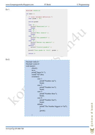 www.kompongsom4u.blogspot.com IT Book C Programming
?????????? 070 908 739
?????????????????
Ex 1.
Ex 2.
#include<stdio.h>
#include<conio.h>
void main(){
clrscr();
int n;
printf("Input N=");
scanf("%d",&n);
switch(n){
case 1:
printf("Number one");
break;
case 2:
printf("Number two");
break;
case 3:
printf("Number three");
break;
case 4:
printf("Number four");
break;
default:
printf("The Number biggest is=%d");
}
getch();
}
 