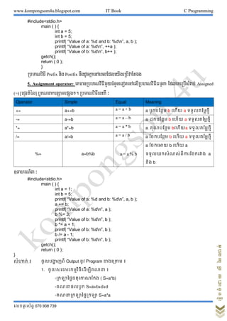 www.kompongsom4u.blogspot.com IT Book C Programming
?????????? 070 908 739
?????????????????
#include<stdio.h>
main ( ) {
int a = 5;
int b = 5;
printf( Value of a: %d and b: %dn, a, b );
printf( Value of a: %dn, ++a );
printf( Value of b: %dn, b++ );
getch();
return ( 0 );
}
RbmaNviFI Prefix nig Postfix nwgdUcK?aenAeBlEdleyIgeRbIvaEt?g
5. Assignment operator: eKmanRbmaNvIFImYycMnYneTotenAelIRbmaNviFIFm?ta EdleKeRbIsMrab; Assigned
(=) [ep?rtMl]bKNnakenSamepSg?.RbmaNviFIenHKW ?
Operator Simple Equal Meaning
+= a+=b a = a + b a ???????? b ? ?? a ????????????
-= a-=b a = a C b a ??????? b ? ?? a ????????????
*= a*=b a = a * b a ?? ????? b? ??a ????????????
/= a/=b a = a / b a ???????? b ? ?? a ????????????
%= a=b%b a = a % b
a ??????? b ? ?? a
???????? ?????????????? a
??? b
]TahrN_3 ?
#include<stdio.h>
main ( ) {
int a = 1;
int b = 5;
printf( Value of a: %d and b: %dn, a, b );
a += b;
printf( Value of a: %dn, a );
b %= 3;
printf( Value of b: %dn, b );
b *= a + 1;
printf( Value of b: %dn, b );
b /= a - 1;
printf( Value of b: %dn, b );
getch();
return ( 0 );
}
?????? ? ???????? ??? Output ??? Program ???????? ?
1. ?????????????????????????? ?
-???????????????????? ( S=a*b)
-?????????? S=a+b+d+d
-?????????????????? S=a*a
 