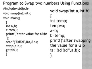 #include<stdio.h>
void swap(int,int);
void main()
{
int a,b;
clrscr();
printf("enter value for a&b:
");
scanf("%d%d",&a,&b);
swap(a,b);
getch();
}
void swap(int a,int b)
{
int temp;
temp=a;
a=b;
b=temp;
printf("after swapping
the value for a & b
is : %d %d“,a,b);
}
Program to Swap two numbers Using Functions
 