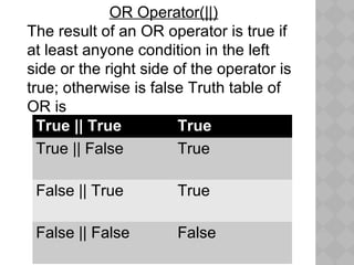 OR Operator(||)
The result of an OR operator is true if
at least anyone condition in the left
side or the right side of the operator is
true; otherwise is false Truth table of
OR is
True || True True
True || False True
False || True True
False || False False
 