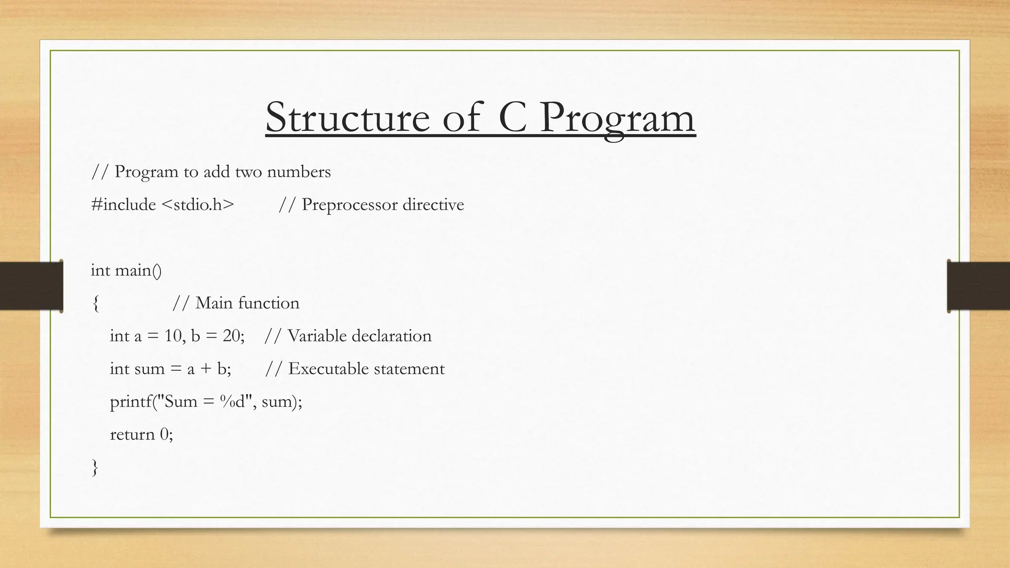Structure of C Program
// Program to add two numbers
#include <stdio.h> // Preprocessor directive
int main()
{ // Main function
int a = 10, b = 20; // Variable declaration
int sum = a + b; // Executable statement
printf("Sum = %d", sum);
return 0;
}
 