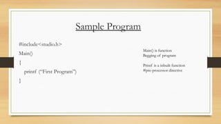 Sample Program
#include<studio.h>
Main()
{
printf (“First Program”)
}
Main() is function
Begging of program
Printf is a inbuilt function
#pre-processor directive
 