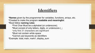 Identifiers
•Names given by the programmer for variables, functions, arrays, etc.
•Created to make the program readable and meaningful.
•Must follow naming rules:
•First Char Must be a alphabet (or underscore).
•Must consist of only letters, digits, or underscore (_)
•only first 31 characters are significant
•Must not contain white space
•Cannot use keywords as identifiers
•Example: total, main, mark1, display_sum
 
