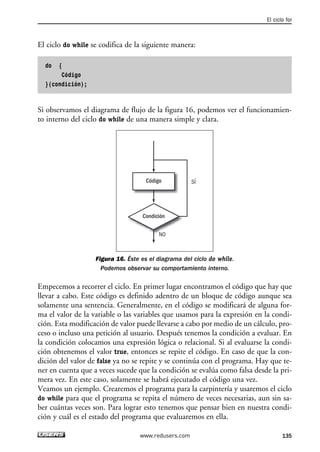 El ciclo do while se codifica de la siguiente manera:
do {
Código
}(condición);
Si observamos el diagrama de flujo de la figura 16, podemos ver el funcionamien-
to interno del ciclo do while de una manera simple y clara.
Figura 16. Éste es el diagrama del ciclo do while.
Podemos observar su comportamiento interno.
Empecemos a recorrer el ciclo. En primer lugar encontramos el código que hay que
llevar a cabo. Este código es definido adentro de un bloque de código aunque sea
solamente una sentencia. Generalmente, en el código se modificará de alguna for-
ma el valor de la variable o las variables que usamos para la expresión en la condi-
ción. Esta modificación de valor puede llevarse a cabo por medio de un cálculo, pro-
ceso o incluso una petición al usuario. Después tenemos la condición a evaluar. En
la condición colocamos una expresión lógica o relacional. Si al evaluarse la condi-
ción obtenemos el valor true, entonces se repite el código. En caso de que la con-
dición del valor de false ya no se repite y se continúa con el programa. Hay que te-
ner en cuenta que a veces sucede que la condición se evalúa como falsa desde la pri-
mera vez. En este caso, solamente se habrá ejecutado el código una vez.
Veamos un ejemplo. Crearemos el programa para la carpintería y usaremos el ciclo
do while para que el programa se repita el número de veces necesarias, aun sin sa-
ber cuántas veces son. Para lograr esto tenemos que pensar bien en nuestra condi-
ción y cuál es el estado del programa que evaluaremos en ella.
Condición
SÍ
NO
Código
El ciclo for
135www.redusers.com
04_C#2010_AJUSTADO.qxd 8/6/10 8:33 PM Page 135
 