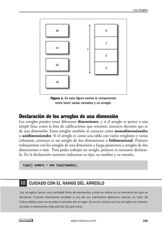 Figura 1. En esta figura vemos la comparación
entre tener varias variables y un arreglo.
Declaración de los arreglos de una dimensión
Los arreglos pueden tener diferentes dimensiones, y si el arreglo se parece a una
simple lista, como la lista de calificaciones que tenemos, entonces decimos que es
de una dimensión. Estos arreglos también se conocen como monodimensionales
o unidimensionales. Si el arreglo es como una tabla con varios renglones y varias
columnas, entonces es un arreglo de dos dimensiones o bidimensional. Primero
trabajaremos con los arreglos de una dimensión y luego pasaremos a arreglos de dos
dimensiones o más. Para poder trabajar un arreglo, primero es necesario declarar-
lo. En la declaración nosotros indicamos su tipo, su nombre y su tamaño.
tipo[] nombre = new tipo[tamaño];
0a0
a1
a2
a3
1
2
3
a
Los arreglos
189www.redusers.com
Los arreglos tienen una cantidad finita de elementos y ésta se indica en el momento en que se
declaran. Cuando intentamos acceder a uno de sus elementos debemos colocar un valor de
índice válido y que no exceda el tamaño del arreglo. Un error común con los arreglos es intentar
acceder a elementos más allá de los que tiene.
CUIDADO CON EL RANGO DEL ARREGLO
06_C#2010_AJUSTADO.qxd 8/6/10 8:34 PM Page 189
 