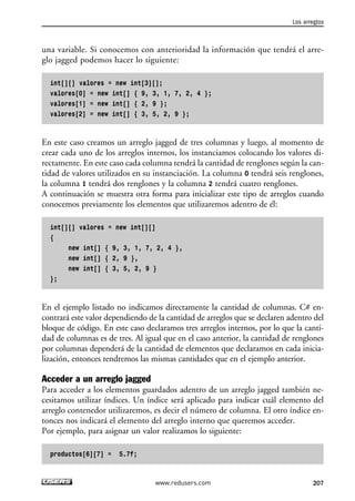 una variable. Si conocemos con anterioridad la información que tendrá el arre-
glo jagged podemos hacer lo siguiente:
int[][] valores = new int[3][];
valores[0] = new int[] { 9, 3, 1, 7, 2, 4 };
valores[1] = new int[] { 2, 9 };
valores[2] = new int[] { 3, 5, 2, 9 };
En este caso creamos un arreglo jagged de tres columnas y luego, al momento de
crear cada uno de los arreglos internos, los instanciamos colocando los valores di-
rectamente. En este caso cada columna tendrá la cantidad de renglones según la can-
tidad de valores utilizados en su instanciación. La columna 0 tendrá seis renglones,
la columna 1 tendrá dos renglones y la columna 2 tendrá cuatro renglones.
A continuación se muestra otra forma para inicializar este tipo de arreglos cuando
conocemos previamente los elementos que utilizaremos adentro de él:
int[][] valores = new int[][]
{
new int[] { 9, 3, 1, 7, 2, 4 },
new int[] { 2, 9 },
new int[] { 3, 5, 2, 9 }
};
En el ejemplo listado no indicamos directamente la cantidad de columnas. C# en-
contrará este valor dependiendo de la cantidad de arreglos que se declaren adentro del
bloque de código. En este caso declaramos tres arreglos internos, por lo que la canti-
dad de columnas es de tres. Al igual que en el caso anterior, la cantidad de renglones
por columnas dependerá de la cantidad de elementos que declaramos en cada inicia-
lización, entonces tendremos las mismas cantidades que en el ejemplo anterior.
Acceder a un arreglo jagged
Para acceder a los elementos guardados adentro de un arreglo jagged también ne-
cesitamos utilizar índices. Un índice será aplicado para indicar cuál elemento del
arreglo contenedor utilizaremos, es decir el número de columna. El otro índice en-
tonces nos indicará el elemento del arreglo interno que queremos acceder.
Por ejemplo, para asignar un valor realizamos lo siguiente:
productos[6][7] = 5.7f;
Los arreglos
207www.redusers.com
06_C#2010_AJUSTADO.qxd 8/6/10 8:34 PM Page 207
 