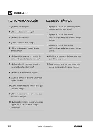 216 www.redusers.com
TEST DE AUTOEVALUACIÓN
1 ¿Qué son los arreglos?
2 ¿Cómo se declara un arreglo?
3 ¿Qué es el índice cero?
4 ¿Cómo se accede a un arreglo?
5 ¿Cómo se declara un arreglo de dos
dimensiones?
6 ¿Qué relación hay entre la cantidad de
índices y la cantidad de dimensiones?
7 ¿Qué sucede si le ponemos un índice
mayor al tamaño del arreglo?
8 ¿Qué es un arreglo de tipo jagged?
9 ¿Cuántas formas de declarar un arreglo
jagged existen?
10¿Cómo declaramos una función para que
reciba un arreglo?
11¿Cómo invocamos una función para que
procese un arreglo?
12¿Qué sucede si intento indexar un arreglo
jagged con la sintaxis de un arreglo
tradicional?
ACTIVIDADES
EJERCICIOS PRÁCTICOS
1 Agregar el cálculo del promedio para el
programa con arreglo jagged.
2 Agregar el cálculo de la menor
calificación para el programa con arreglo
jagged.
3 Agregar el cálculo de la mayor
calificación para el programa con arreglo
jagged.
4 Modificar el programa de la escuela para
que utilice funciones.
5 Crear un programa que pase un arreglo
jagged como parámetro a una función.
06_C#2010_AJUSTADO.qxd 8/6/10 8:34 PM Page 216
 